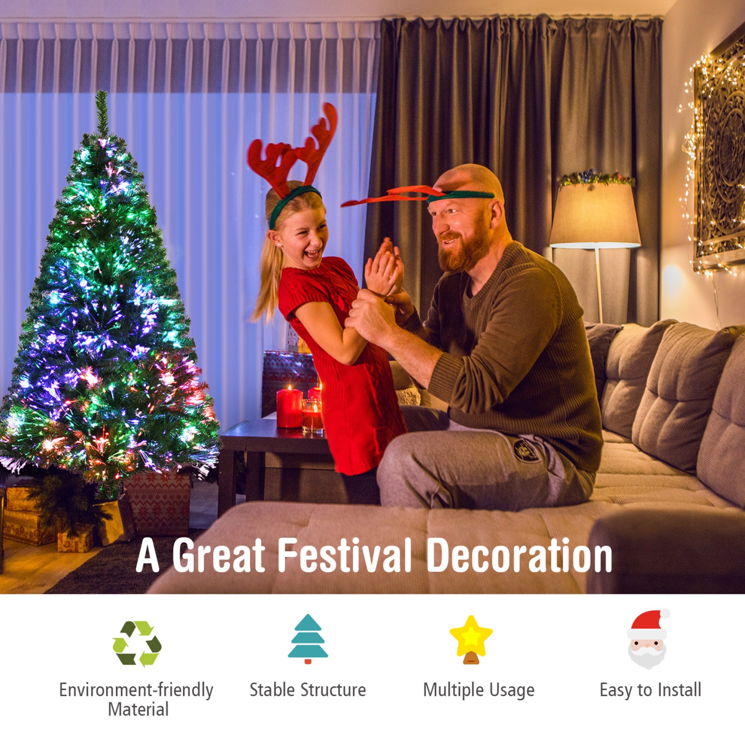 Gymax 5 FT Pre-lit Artificial Christmas Tree Fiber Optic Xmas Tree Holiday Decor