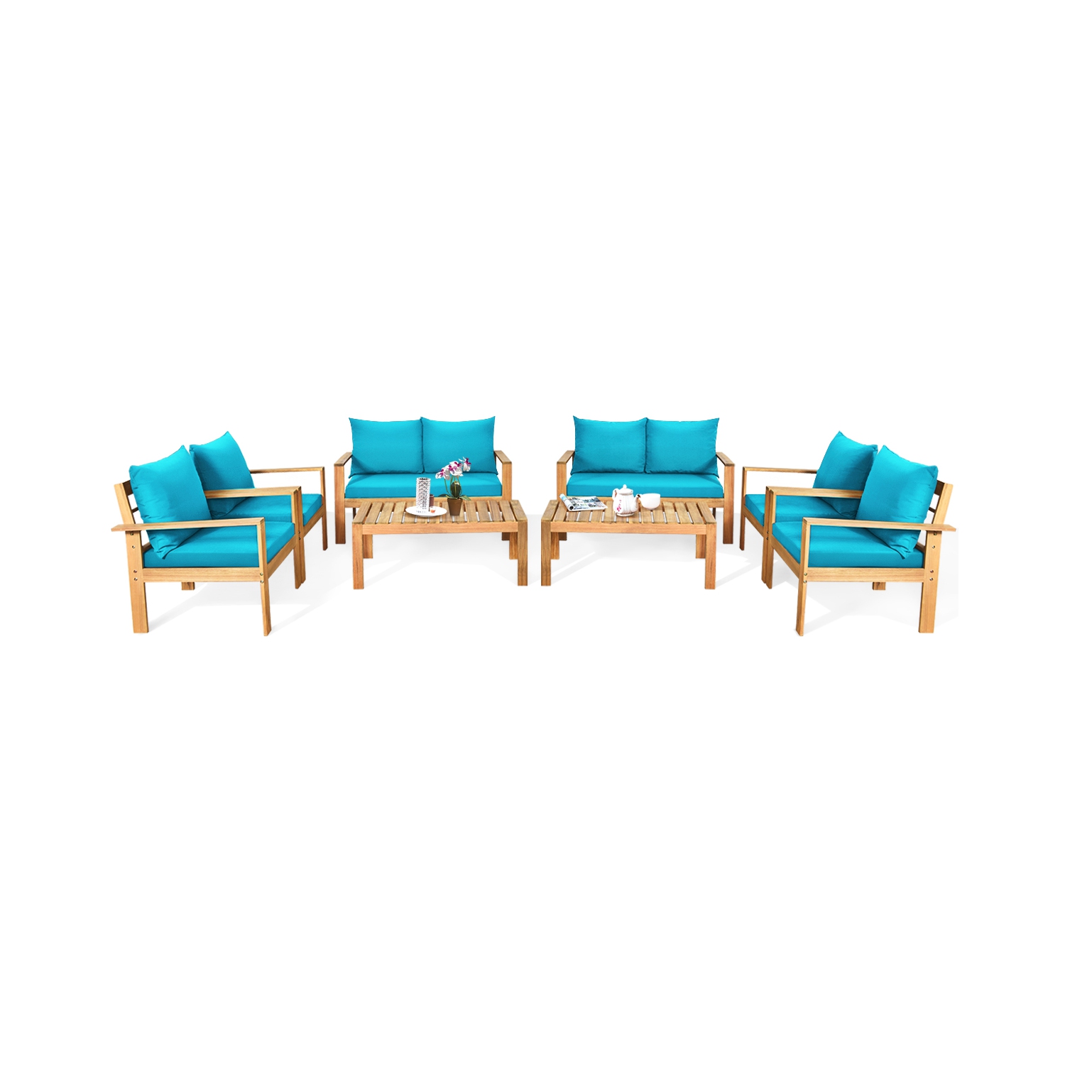 Gymax 8PCS Patio Acacia Wood Conversation Furniture Set w/ Turquoise Cushions