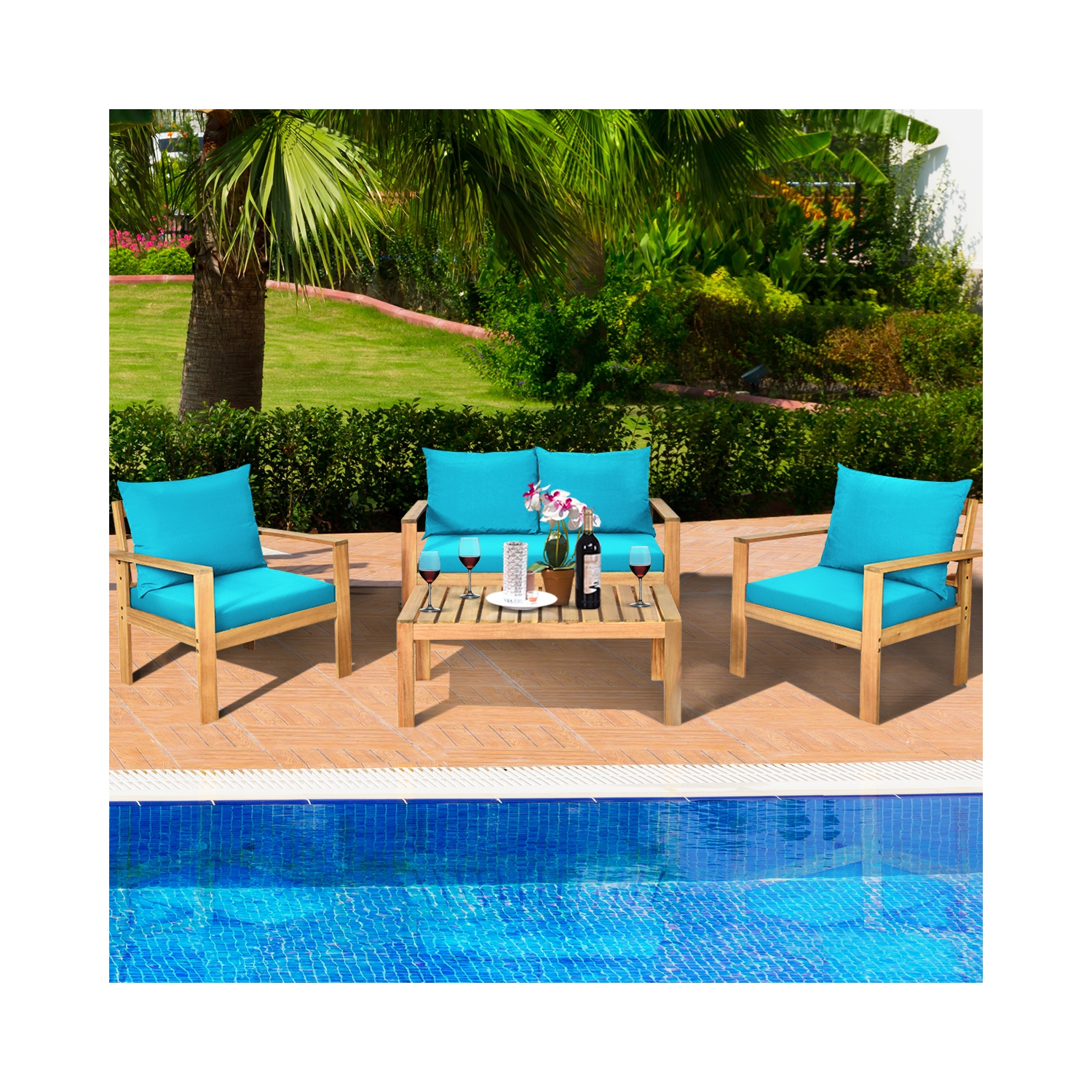 Gymax 8PCS Patio Acacia Wood Conversation Furniture Set w/ Turquoise Cushions