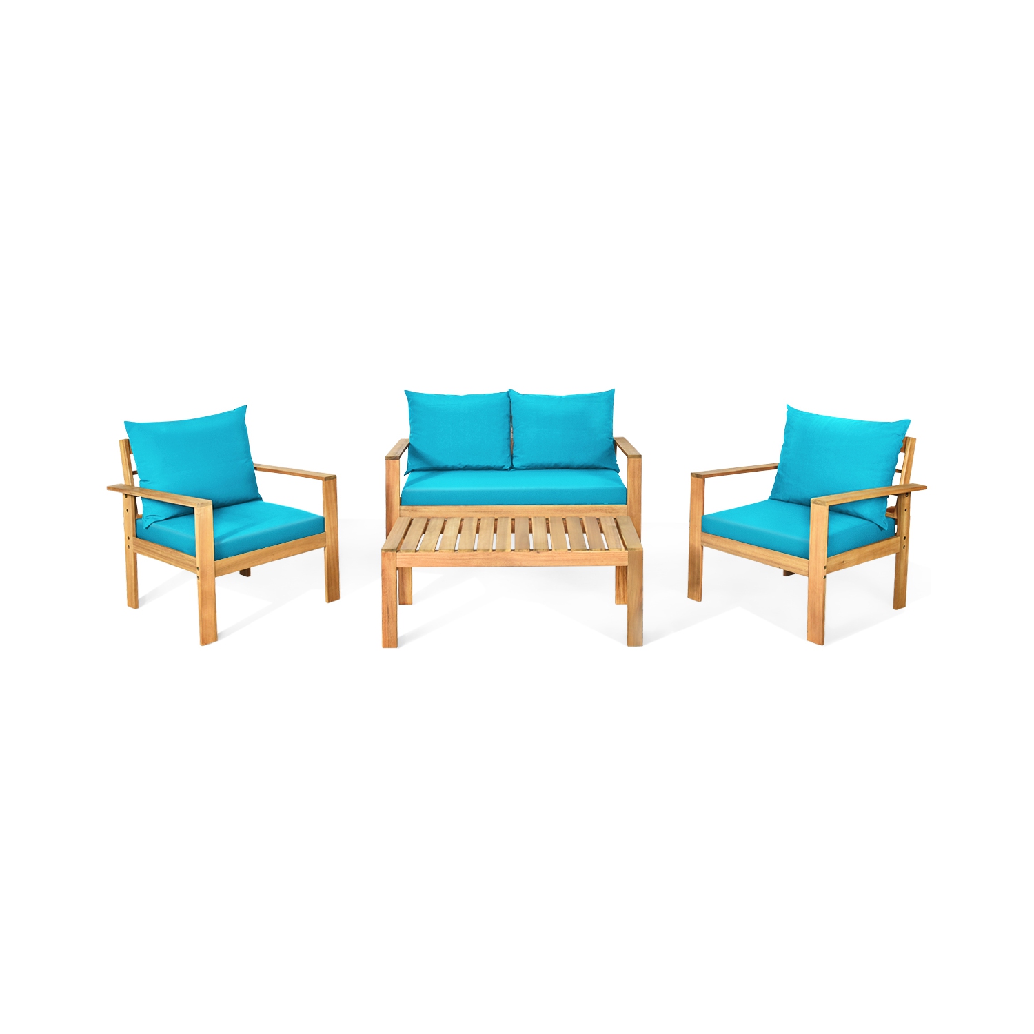Gymax 8PCS Patio Acacia Wood Conversation Furniture Set w/ Turquoise Cushions