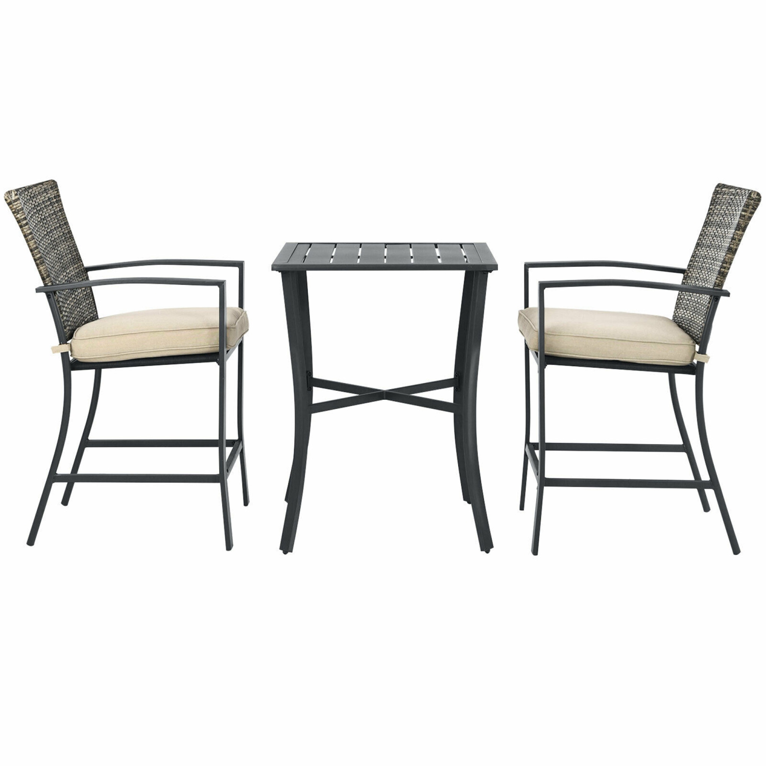 Gymax 3PCS Patio Metal Bar Set Outdoor Conversation Furniture Set w/ Cushions
