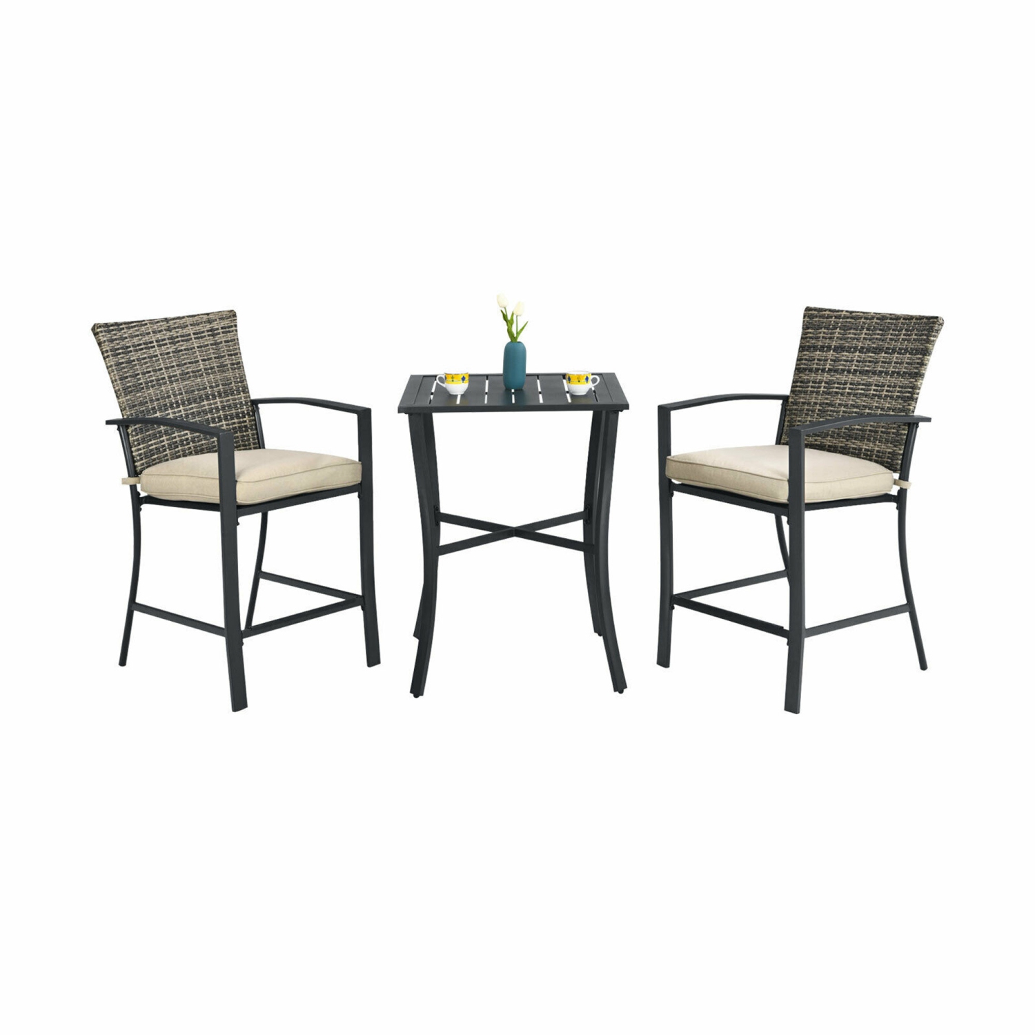 Gymax 3PCS Patio Metal Bar Set Outdoor Conversation Furniture Set w/ Cushions