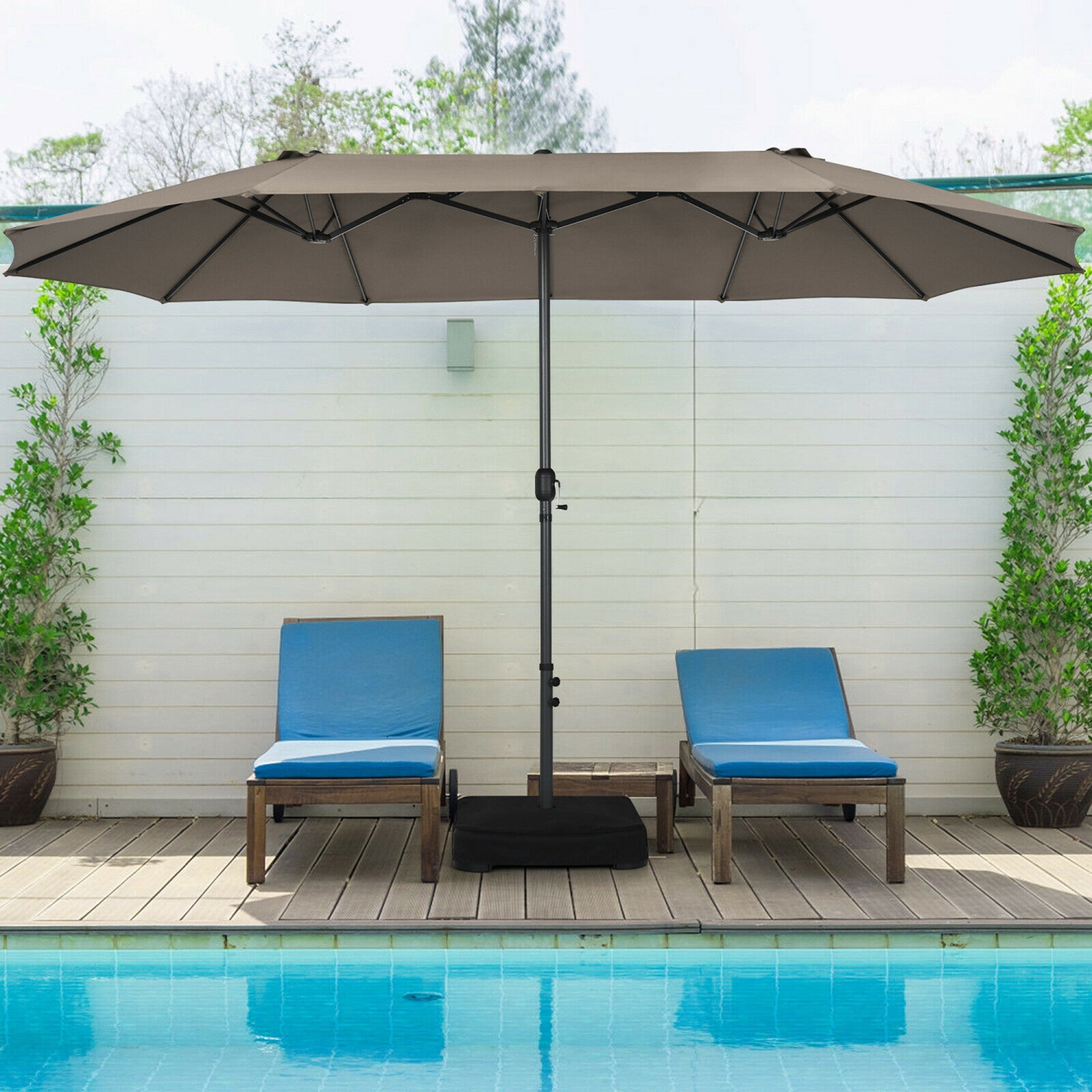 Gymax 15 ft Double-Sided Patio Umbrella Market Twin Umbrella w/ Enhanced Base
