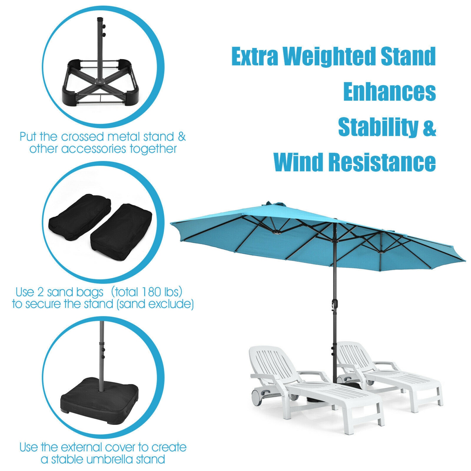 Gymax 15 ft Double-Sided Patio Umbrella Market Twin Umbrella w/ Enhanced Base