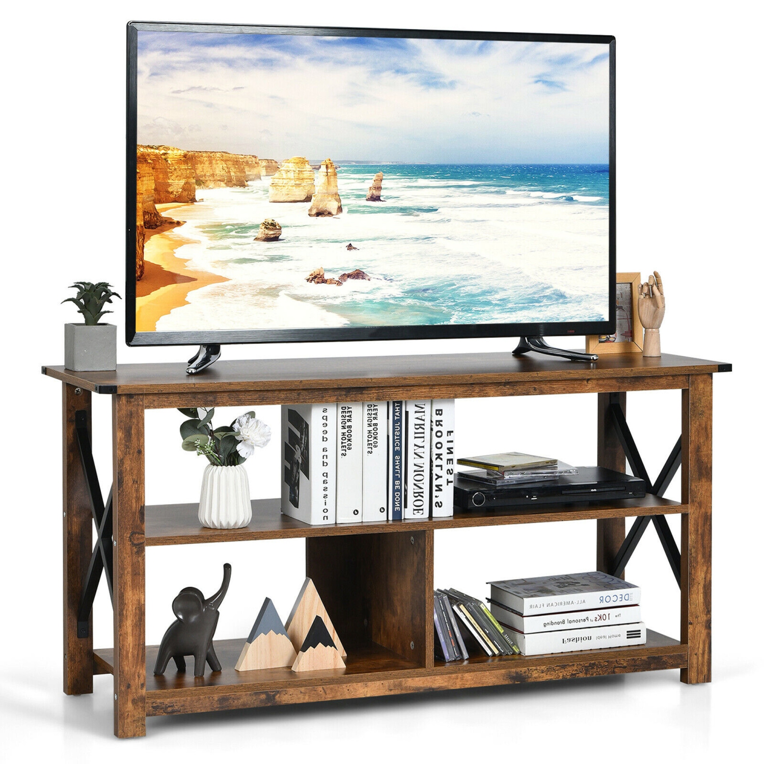 Gymax Meuble TV moderne de style ferme Centre de divertissement pour téléviseurs jusqu'à 55 po avec étagères ouvertes