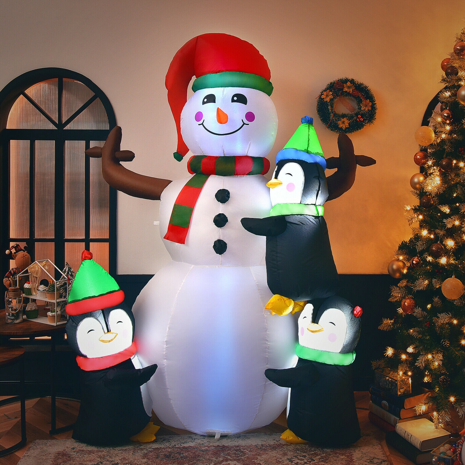 Gymax 6 FT Inflatable Christmas Snowman & Penguins Blow up Decoration w/ LED Lights