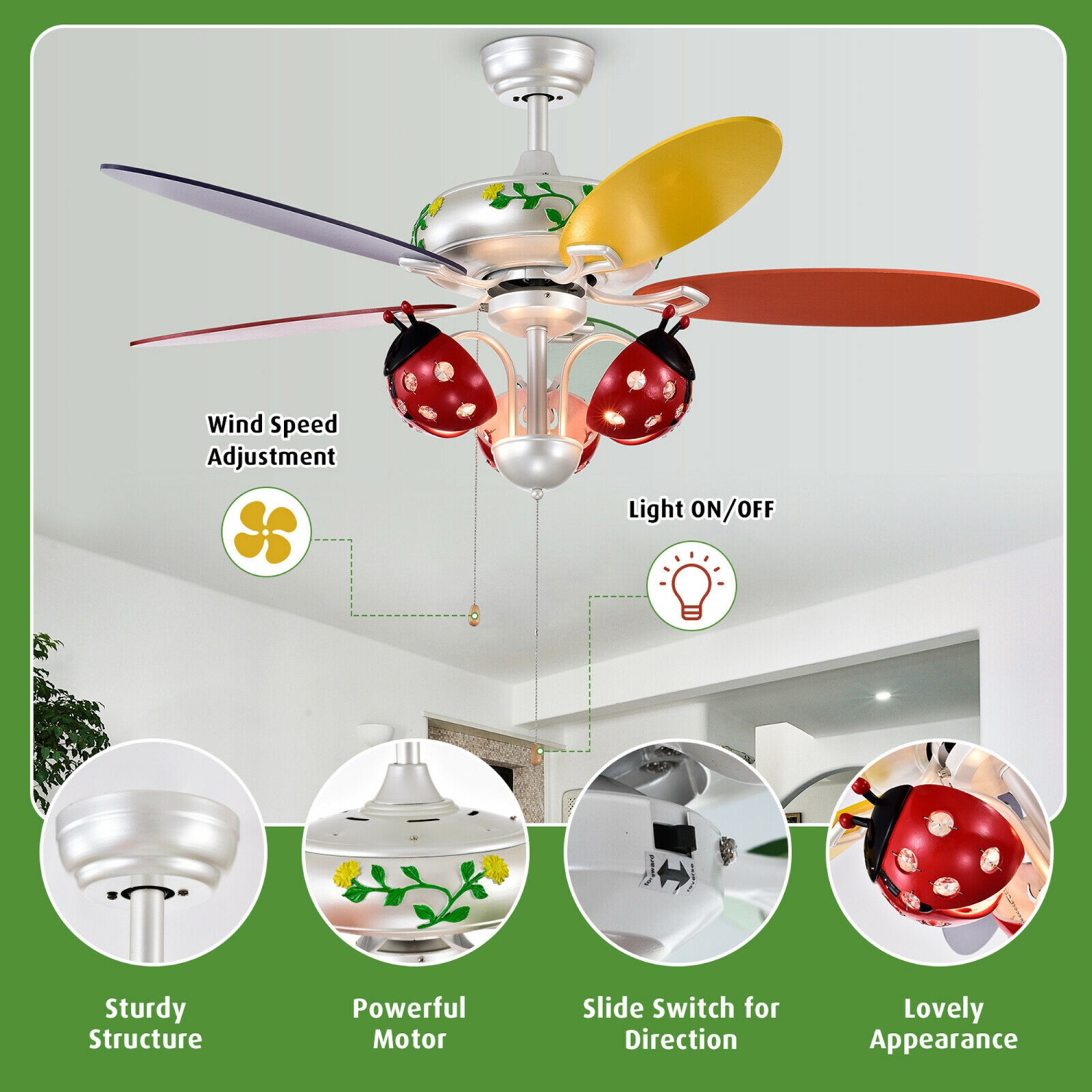 Gymax 52'' Ceiling Fan with Light Kids Fan Light w/Pull Chain Control Beetle Multicolor
