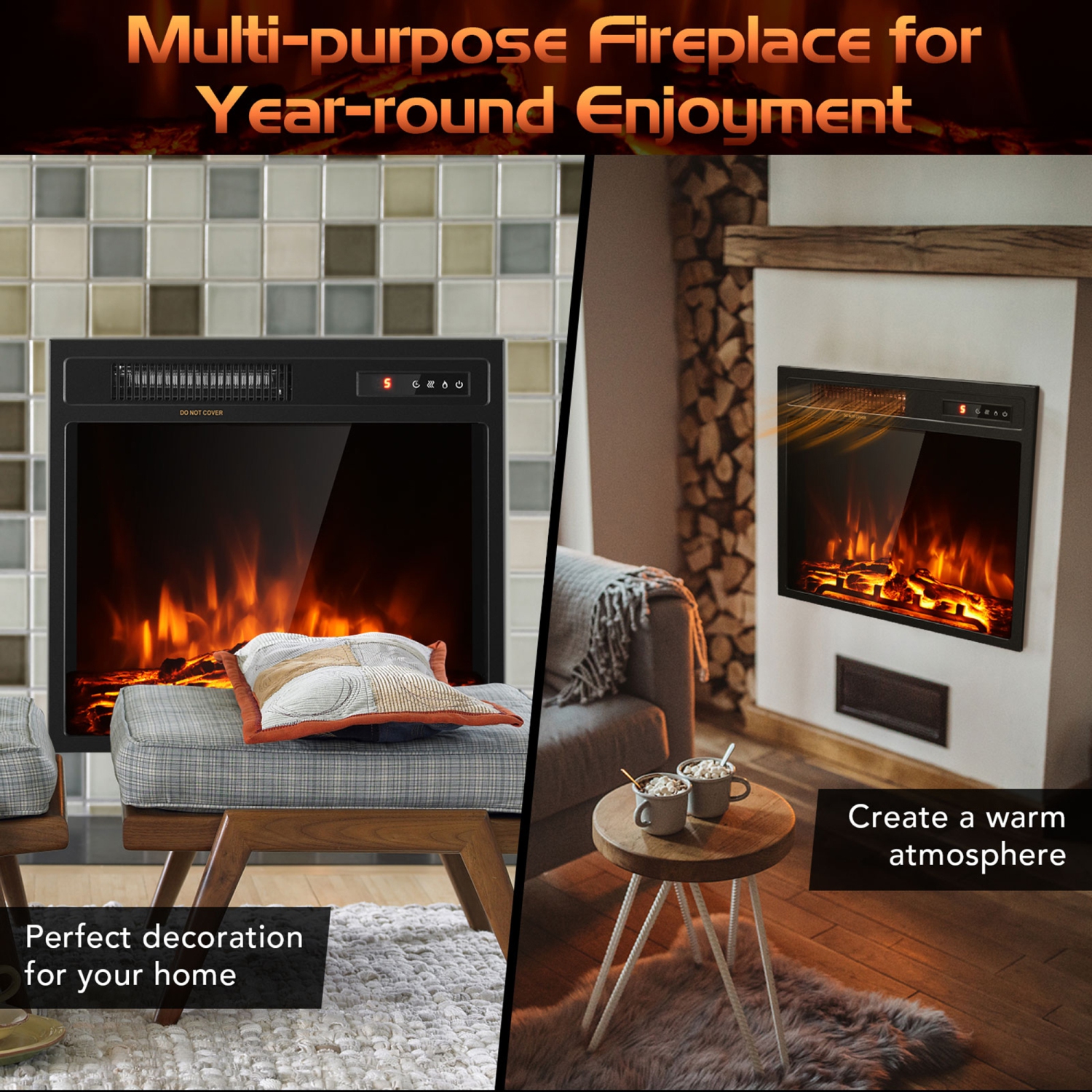 Gymax 18 inch Electric Fireplace Insert Freestanding & Recessed 1500W Stove Heater