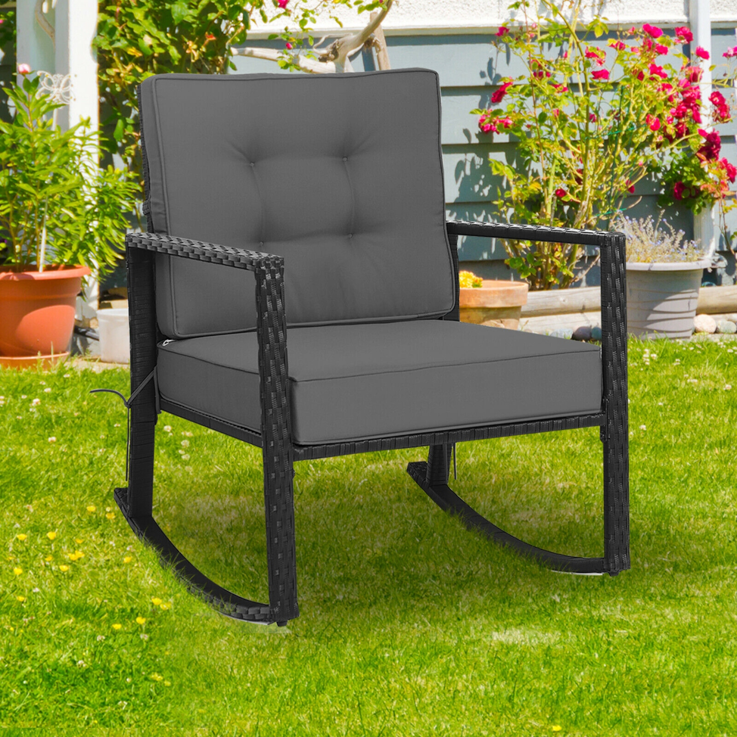 Gymax Outdoor Wicker Rocking Chair Patio Lawn Rattan Single Chair Glider w/ Grey Cushion