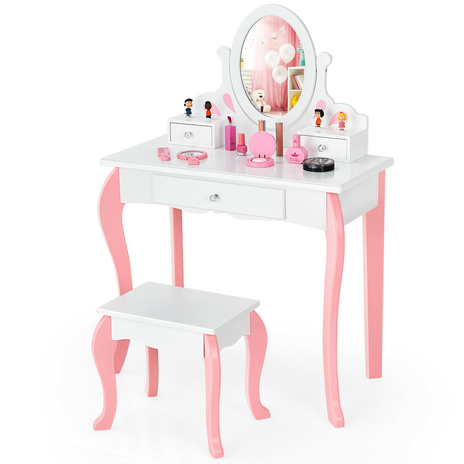 Gymax Kids Vanity Princess Makeup Dressing Table Stool Set W/ Mirror Drawer