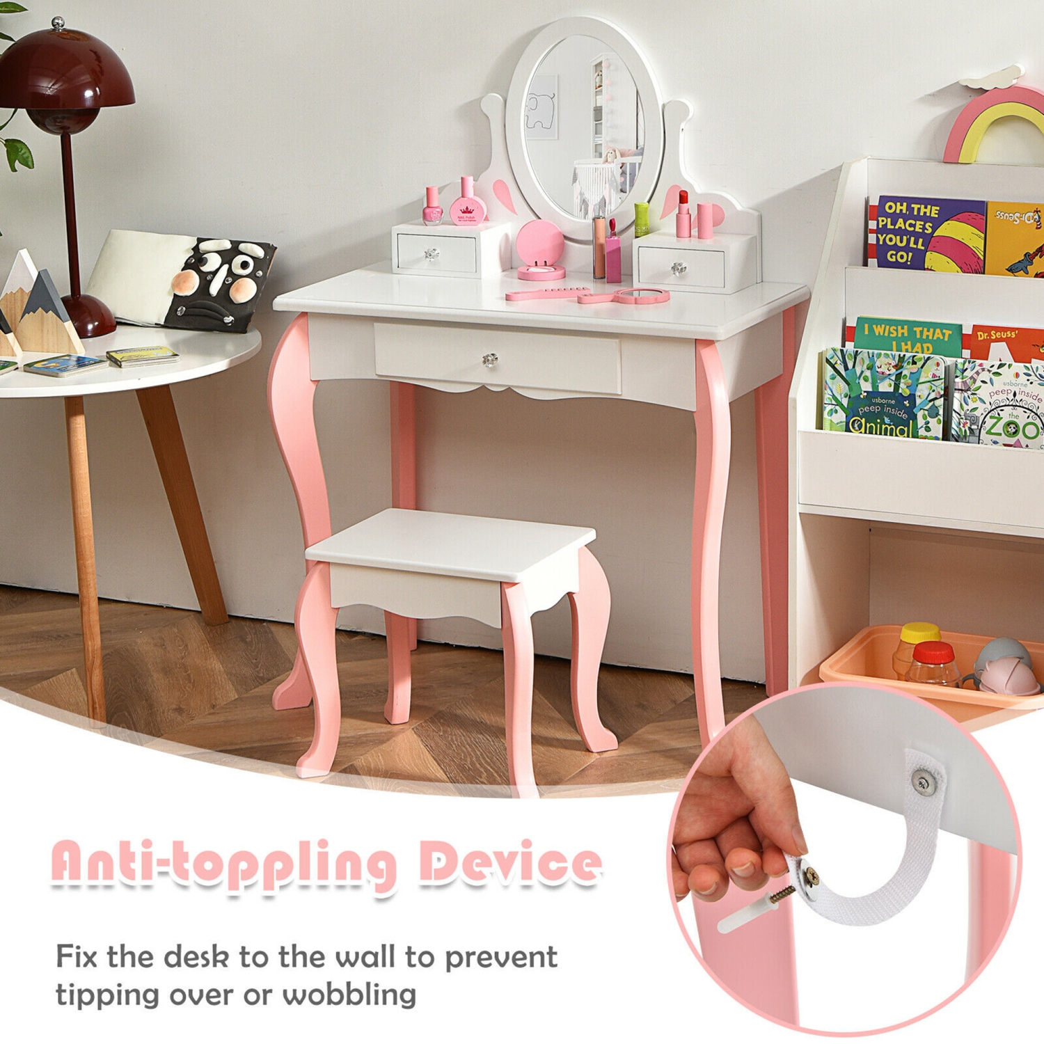 Gymax Kids Vanity Princess Makeup Dressing Table Stool Set W/ Mirror Drawer