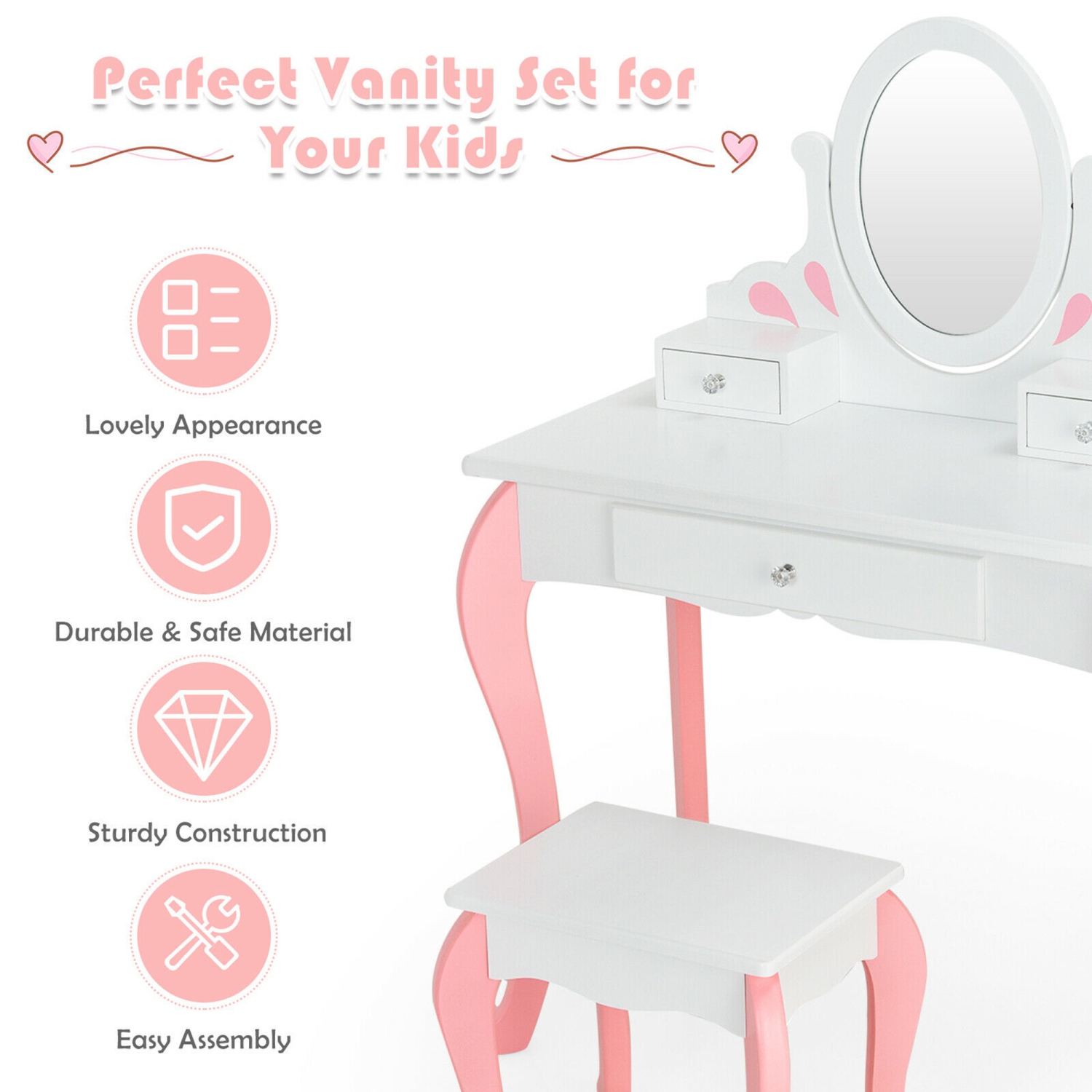 Gymax Kids Vanity Princess Makeup Dressing Table Stool Set W/ Mirror Drawer