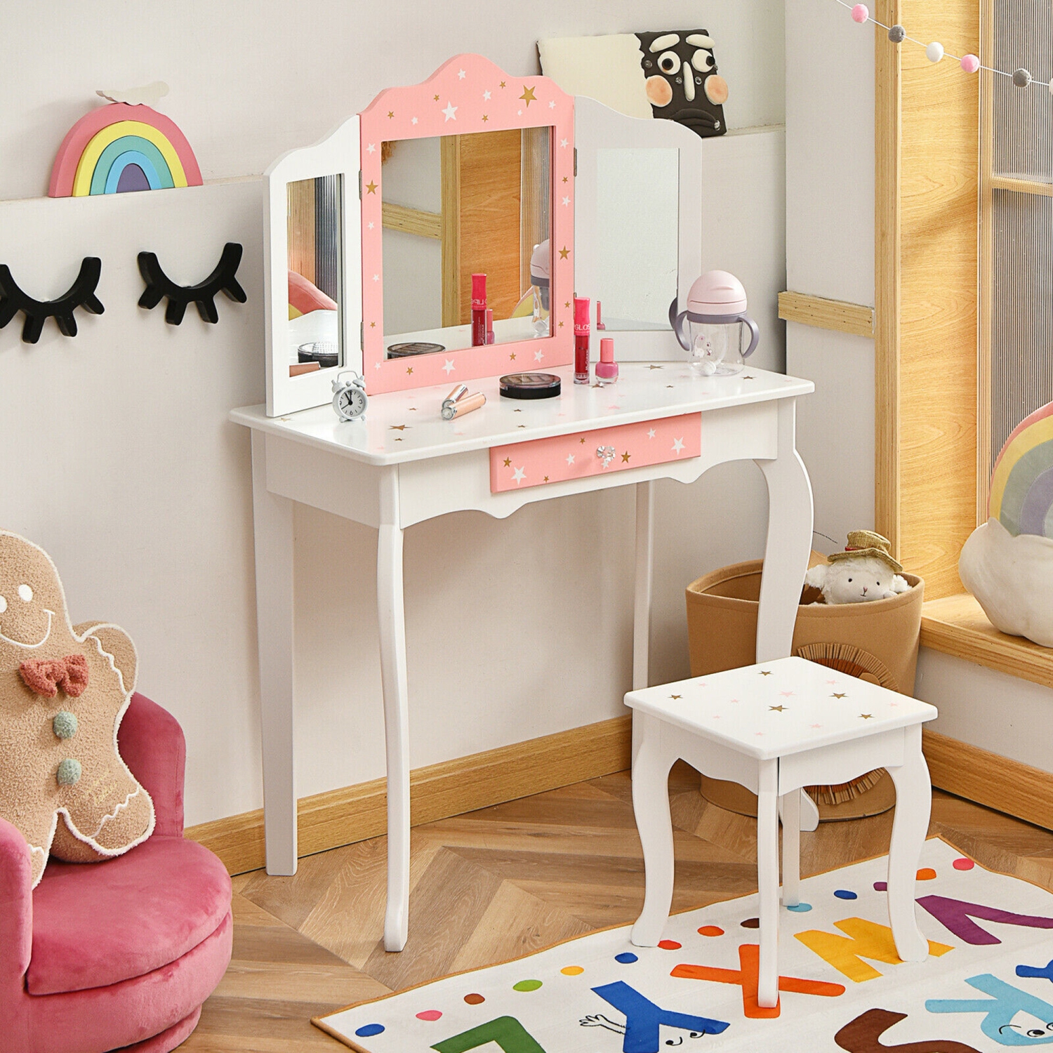 Gymax Kids Vanity Princess Makeup Dressing Table Chair Set W/ Tri-folding Mirror