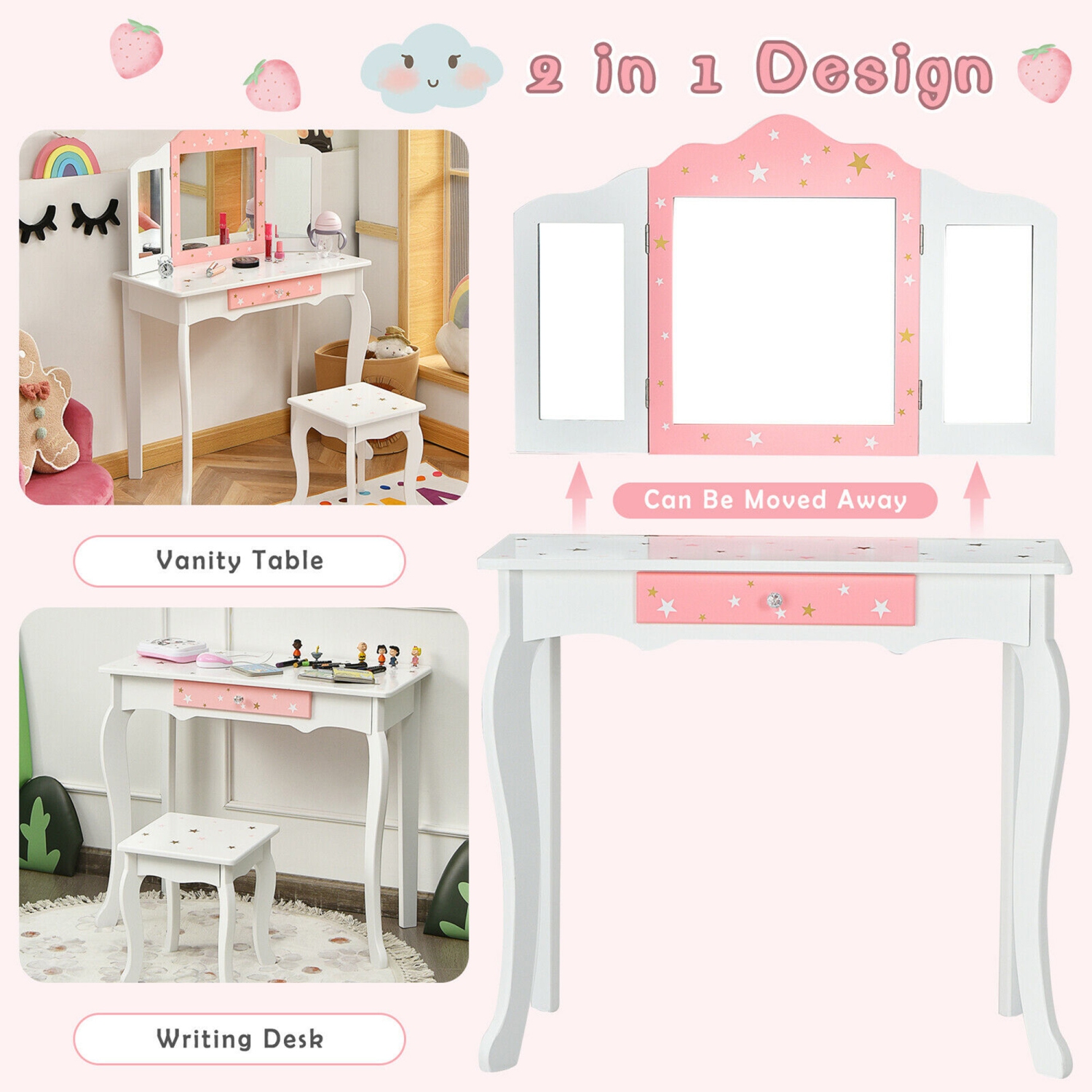 Gymax Kids Vanity Princess Makeup Dressing Table Chair Set W/ Tri-folding Mirror