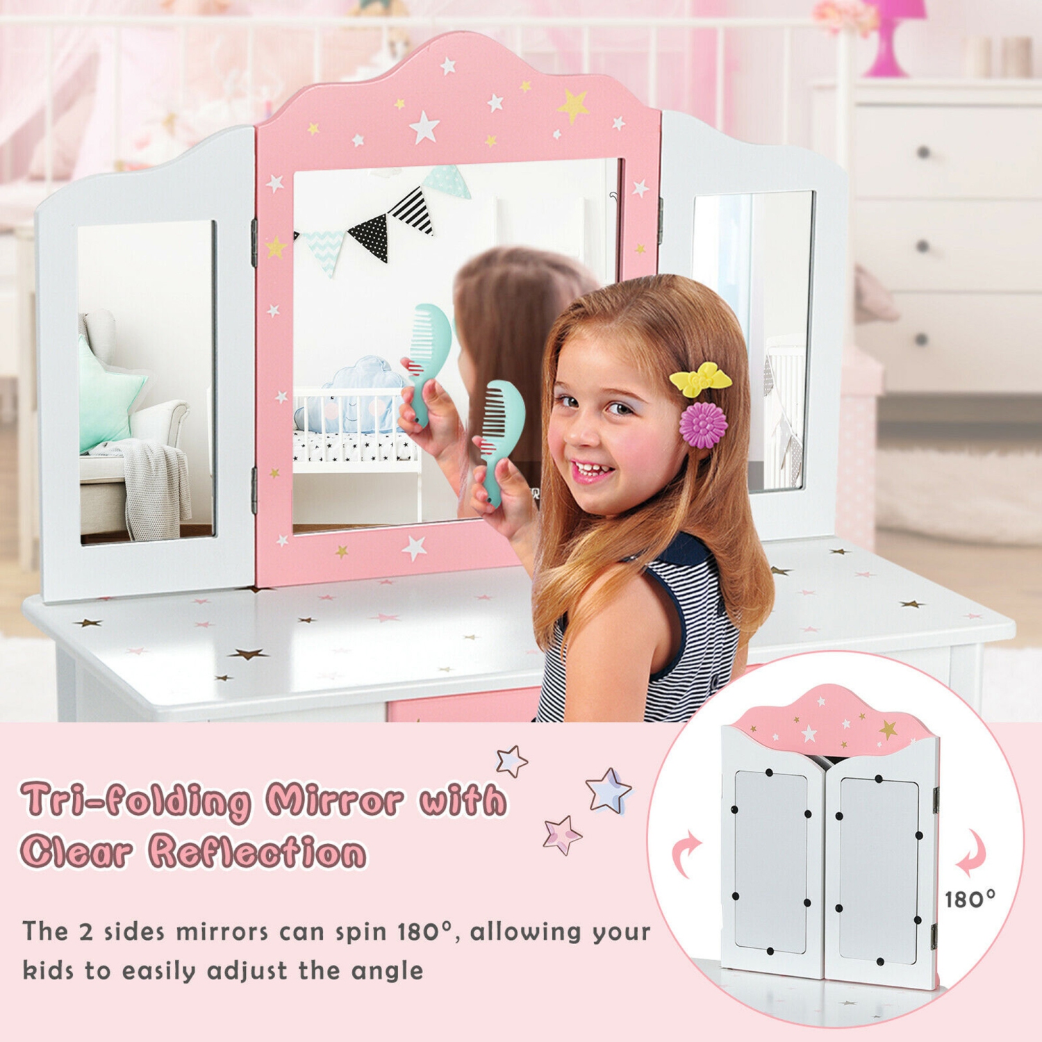 Gymax Kids Vanity Princess Makeup Dressing Table Chair Set W/ Tri-folding Mirror