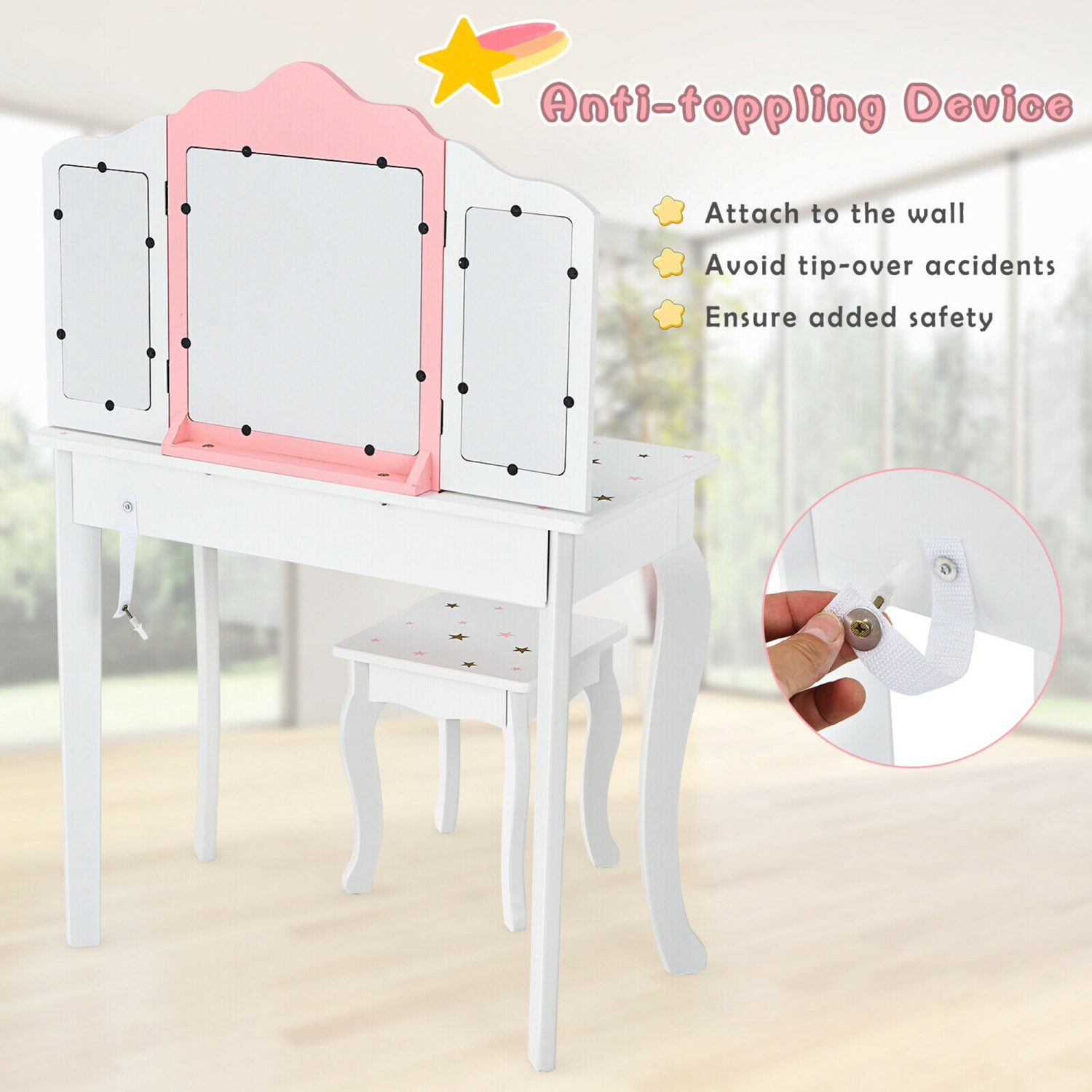 Gymax Kids Vanity Princess Makeup Dressing Table Chair Set W/ Tri-folding Mirror