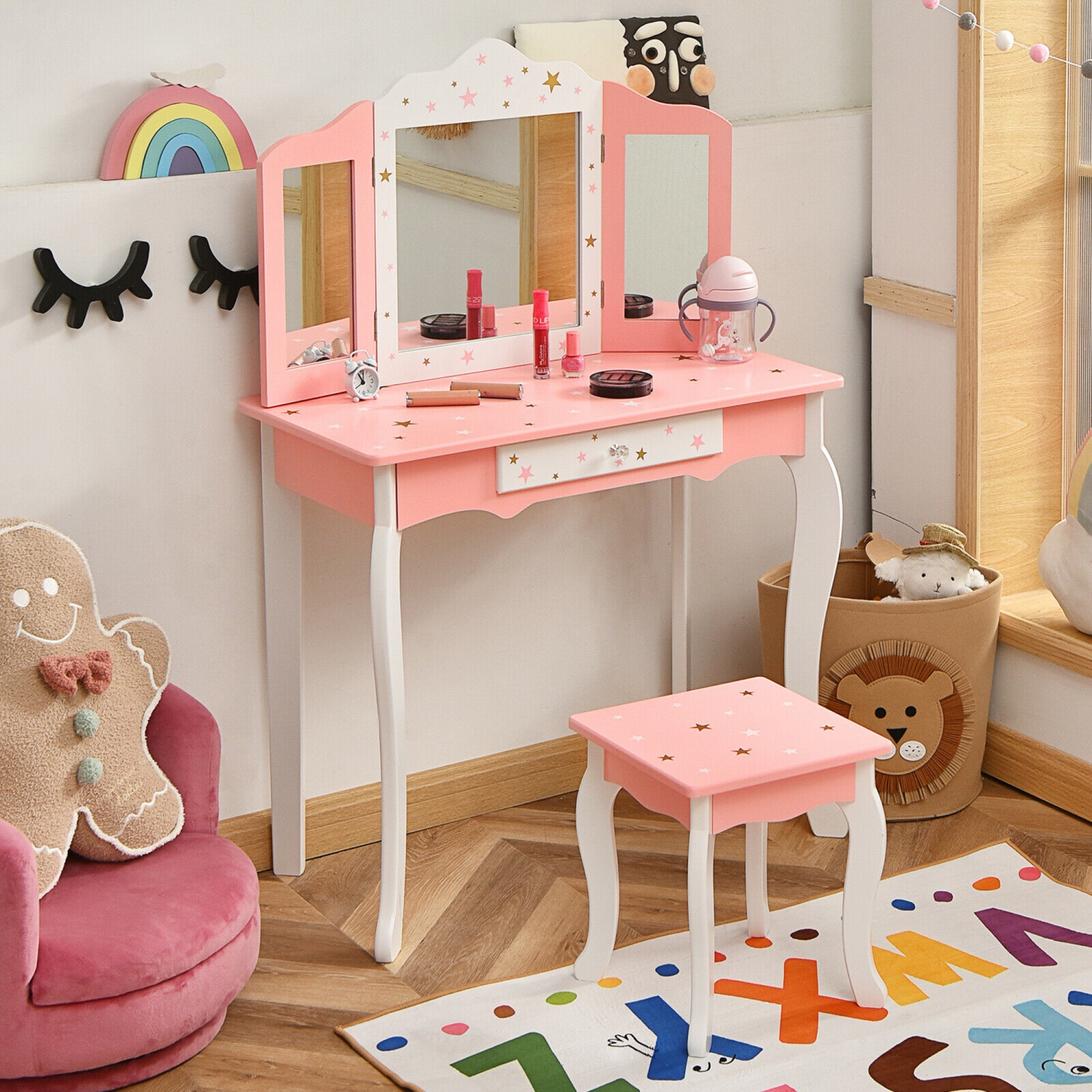 Gymax Kids Vanity Princess Makeup Dressing Table Chair Set W/ Tri-folding Mirror