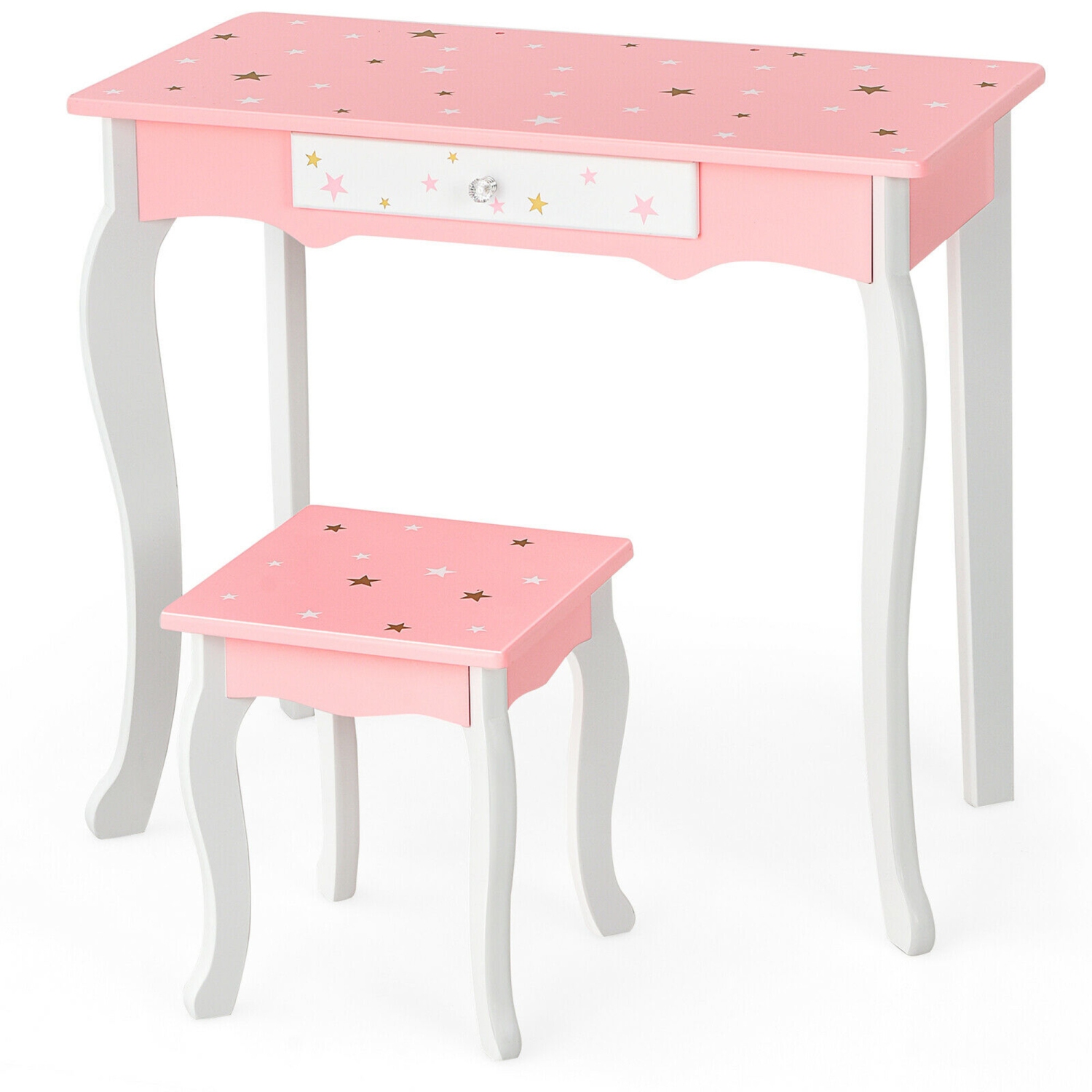 Gymax Kids Vanity Princess Makeup Dressing Table Chair Set W/ Tri-folding Mirror