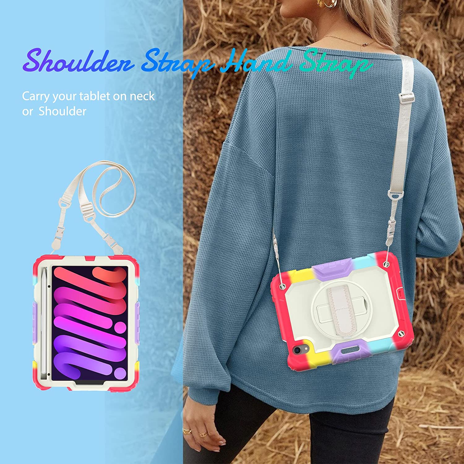 navor Rugged Cover with Screen Protection for iPad Mini 6th Gen 8.3" Rotatable Kickstand Shoulder & Hand Strap Shockproof Heavy Duty Protective Case