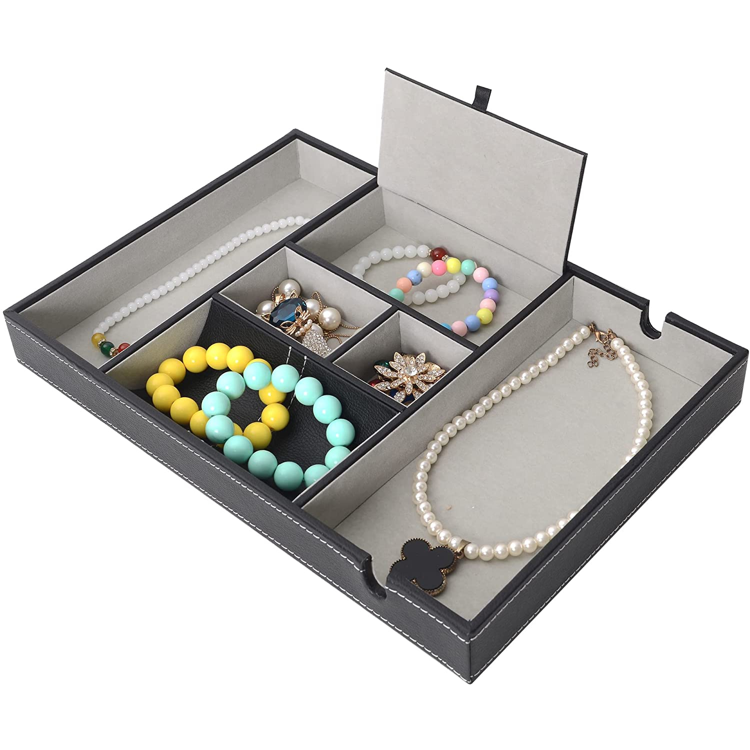 Commode à plateau de rangement en similicuir noir pour téléphone, pièces de monnaie, montres, bijoux, clés et autres accessoires, 6 compartiments,