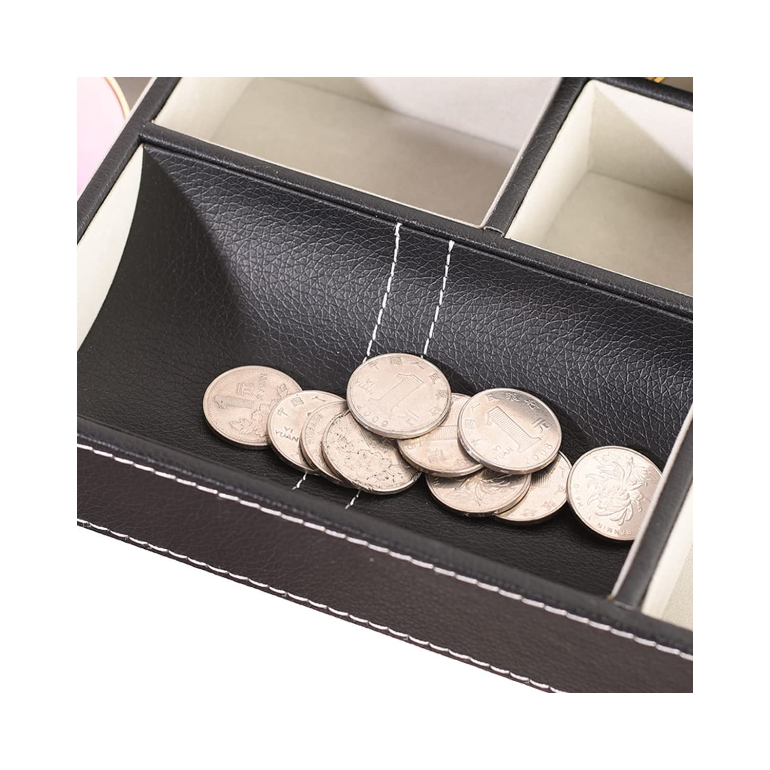 Commode à plateau de rangement en similicuir noir pour téléphone, pièces de monnaie, montres, bijoux, clés et autres accessoires, 6 compartiments,