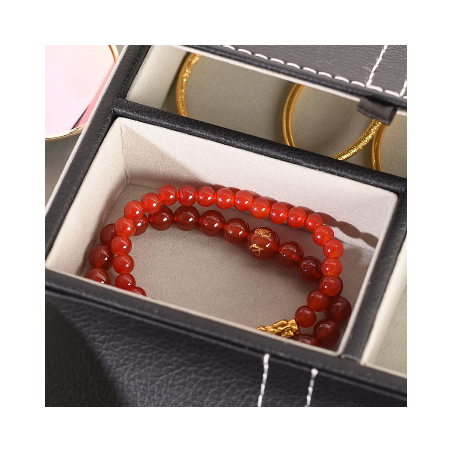 Commode à plateau de rangement en similicuir noir pour téléphone, pièces de monnaie, montres, bijoux, clés et autres accessoires, 6 compartiments,