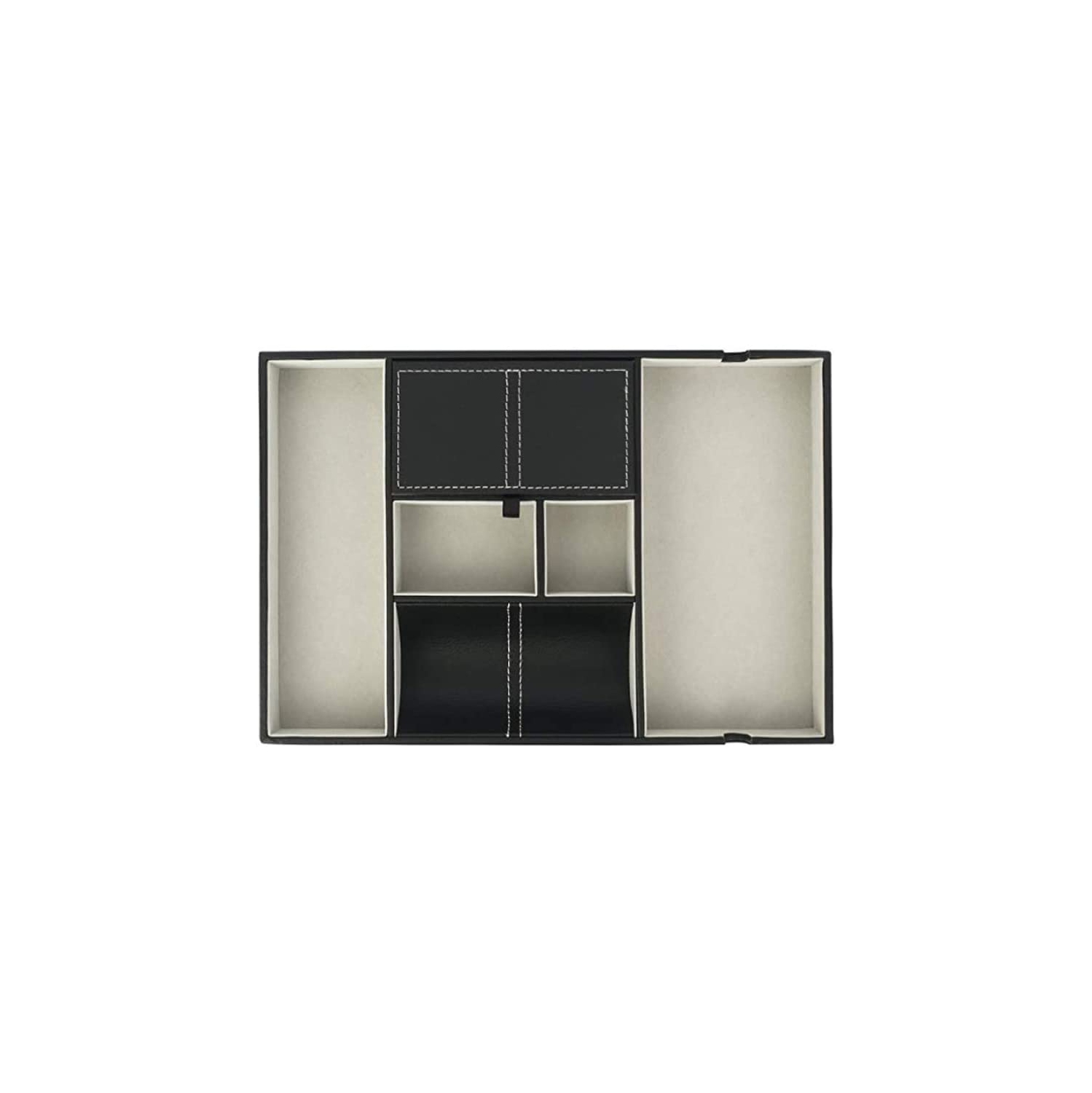 Commode à plateau de rangement en similicuir noir pour téléphone, pièces de monnaie, montres, bijoux, clés et autres accessoires, 6 compartiments,