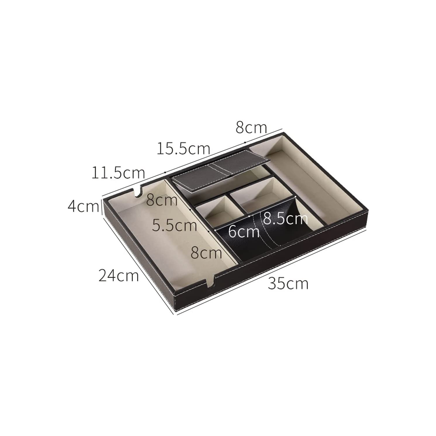Commode à plateau de rangement en similicuir noir pour téléphone, pièces de monnaie, montres, bijoux, clés et autres accessoires, 6 compartiments,