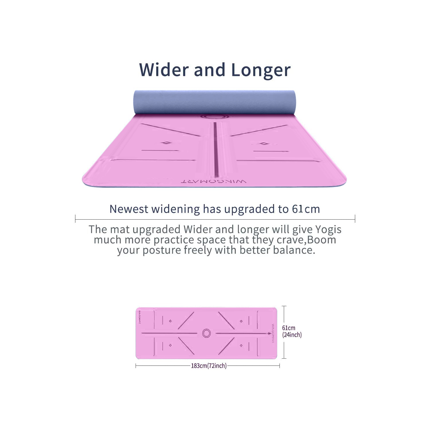 Yoga Mat with Alignment Lines TPE Two Sides Anti-Tear Mat Non-Slip Large Fitness Mat for Gym Pilates Floor Exercises Stretching 73"x32"x1/4" PINK