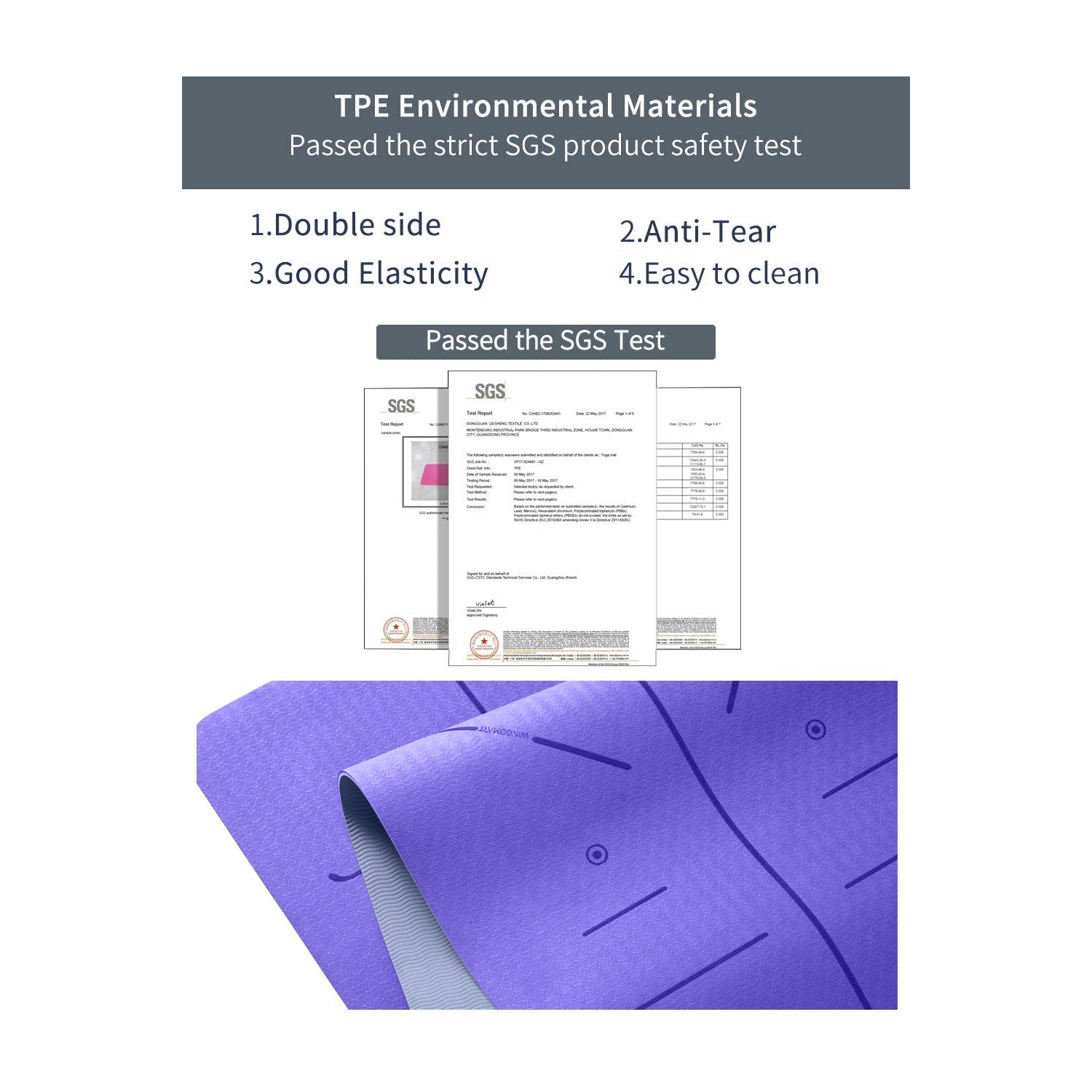 Tapis de yoga avec alignement TPR deux côtés Tapis anti-déchirures Grand tapis d’entraînement antidérapant pour exercices sur le sol Pilates