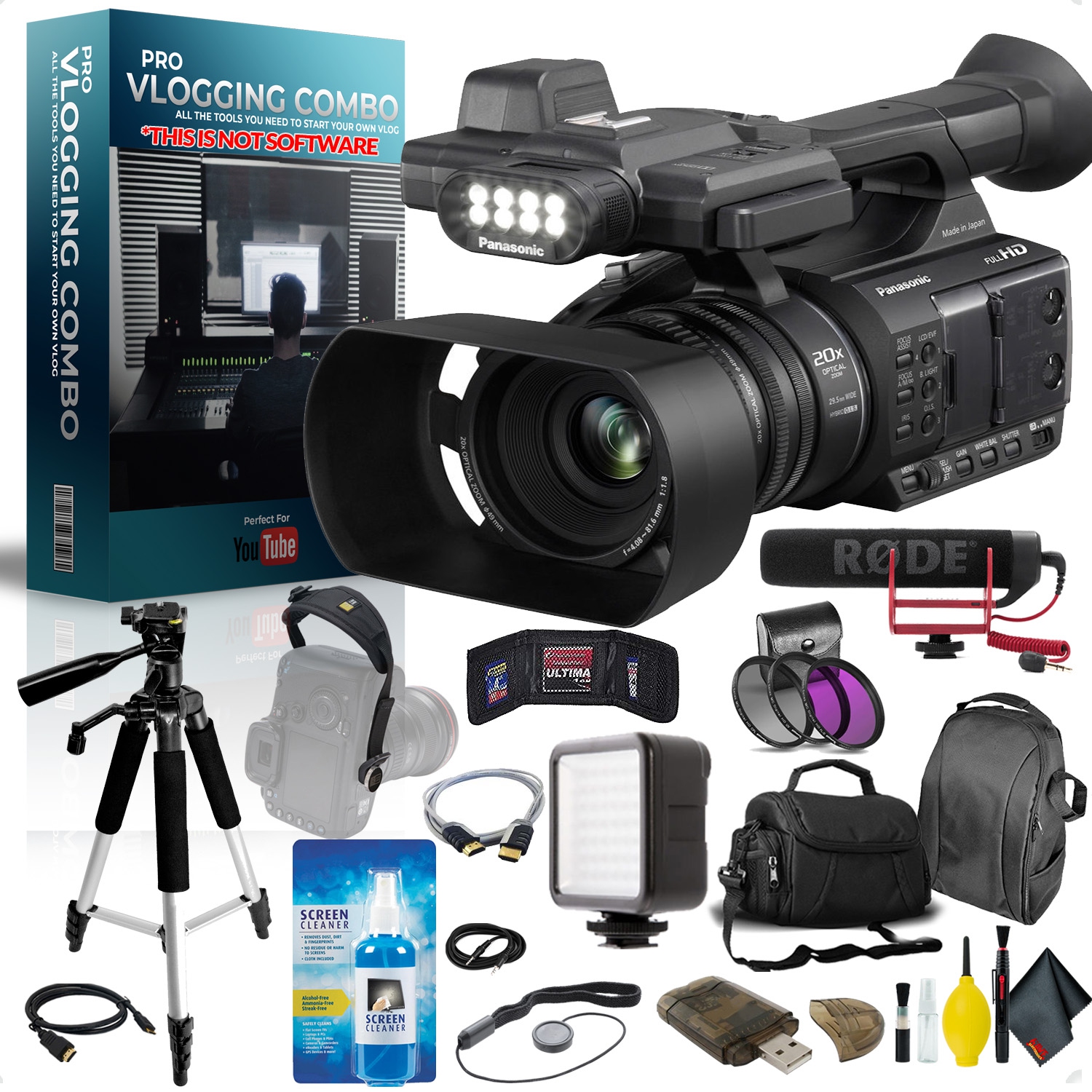 Panasonic AG-AC30 Full HD Camcorder with Touch Panel LCD Viewscreen and  Built-in LED Light Pro Vlogger Combo
