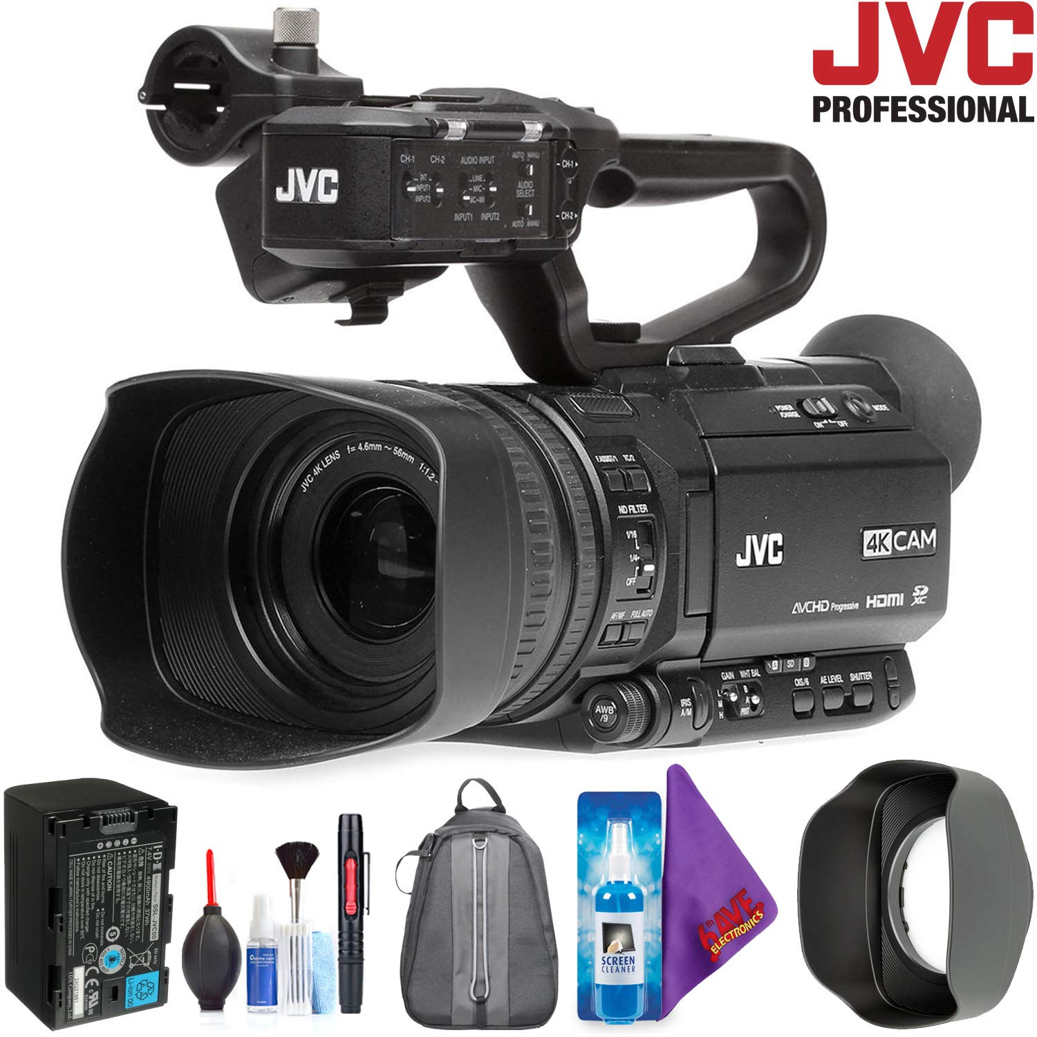 JVC GY-HM250 UHD 4K Streaming Camcorder with Built-in Lower-Thirds Graphics + Pro Accessories Bundle