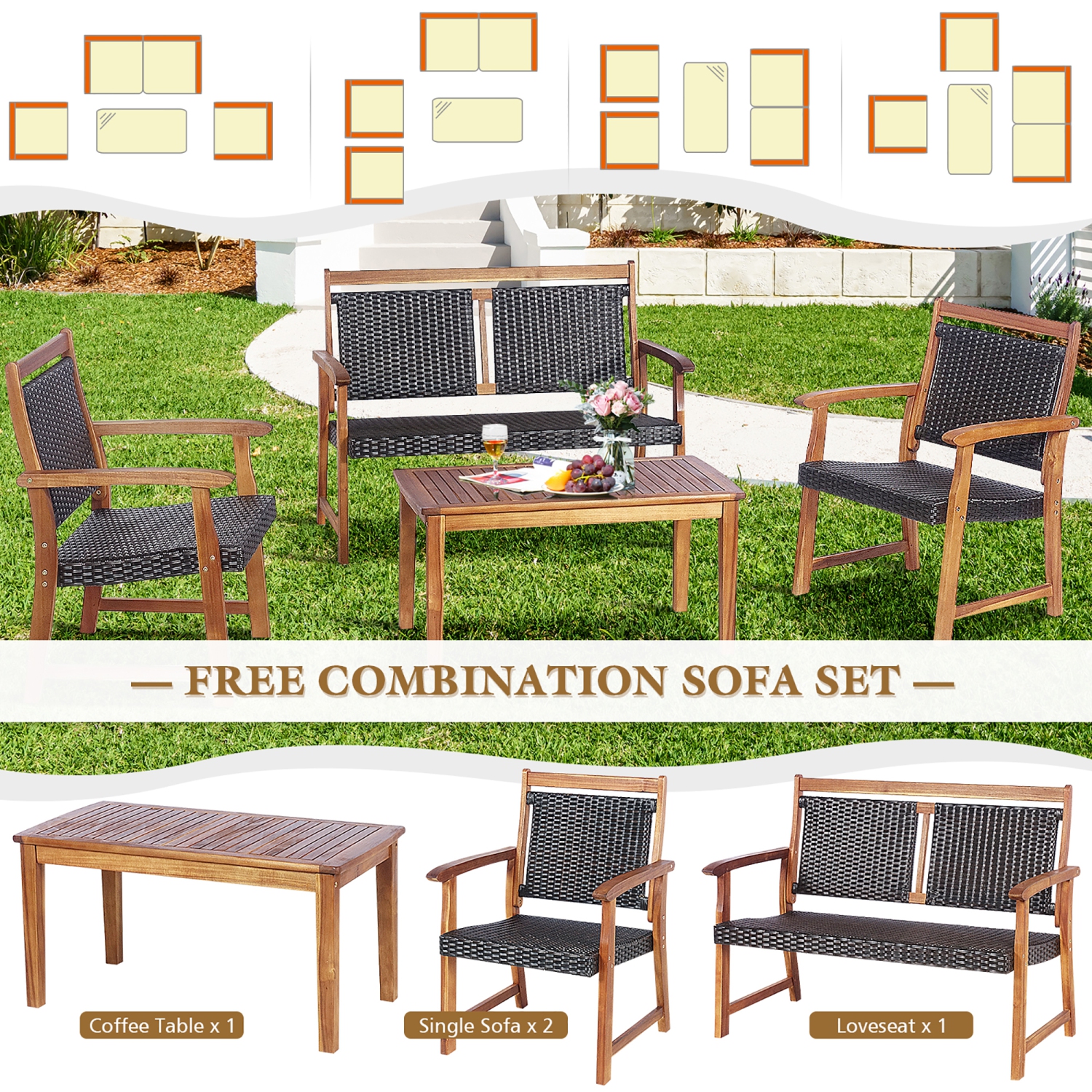 Costway 4 PCS Patio Rattan Furniture Set Acacia Wood Frame Sofa Loveseat Garden