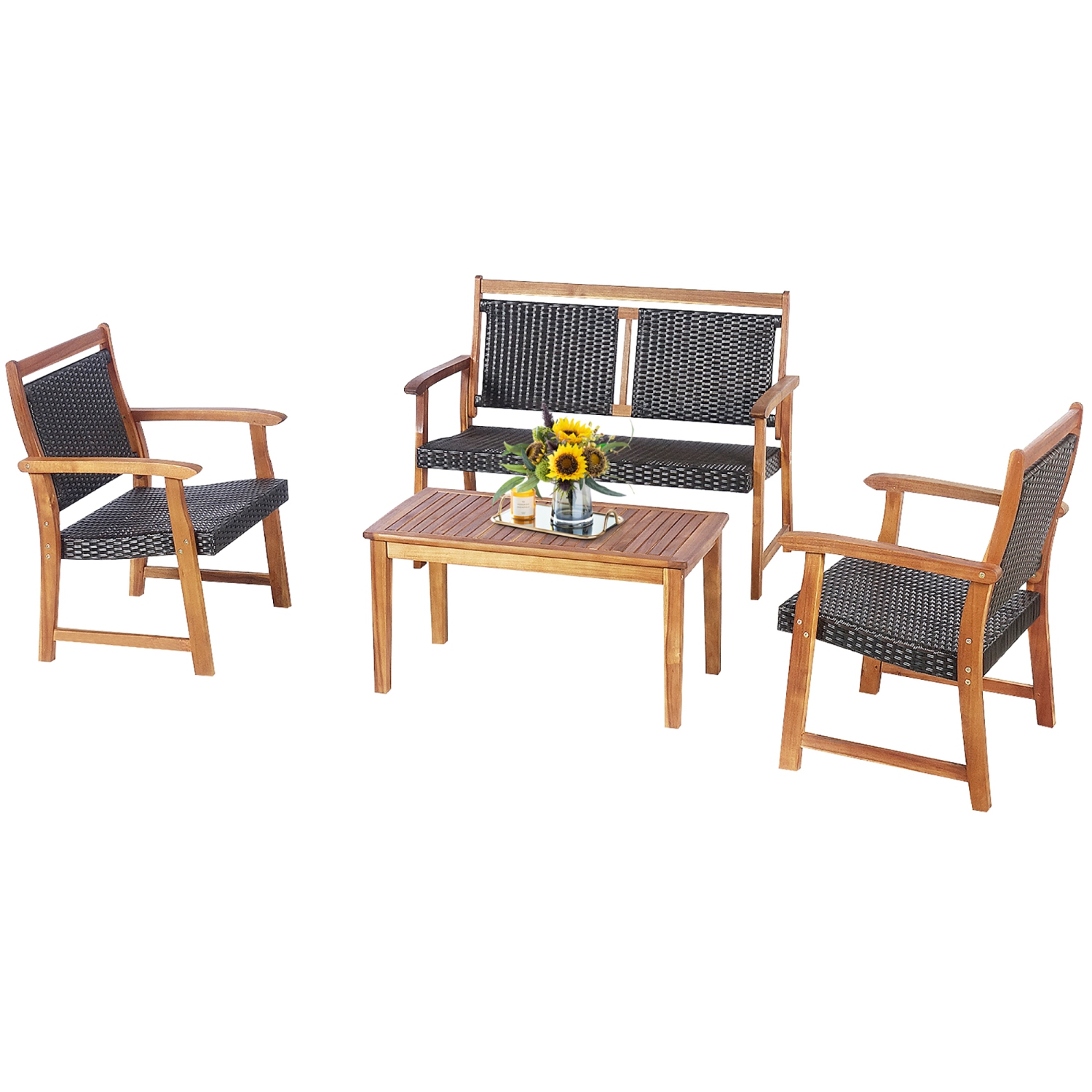 Costway 4 PCS Patio Rattan Furniture Set Acacia Wood Frame Sofa Loveseat Garden