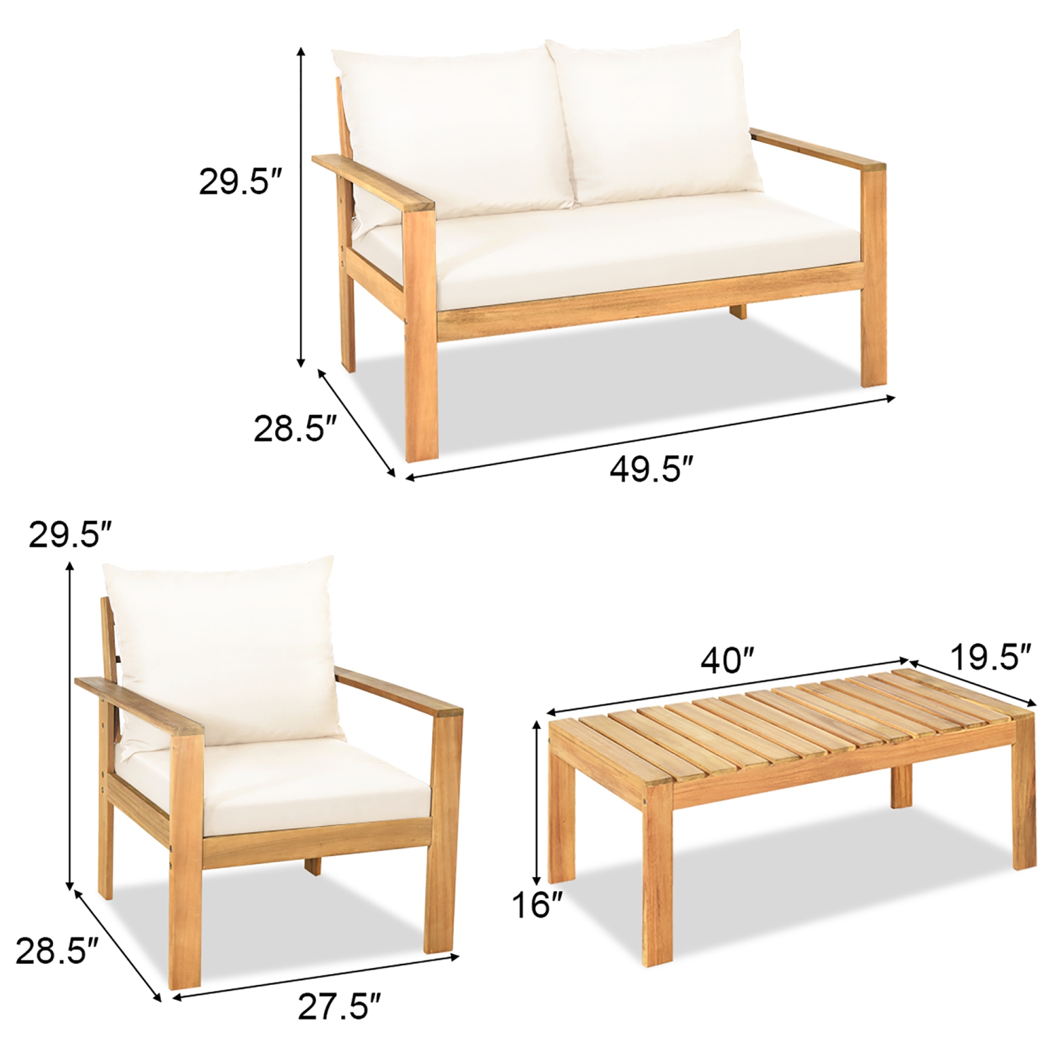 Ensemble de meubles de jardin 4 pièces de Costway, causeuse à coussin épais en bois d'acacia