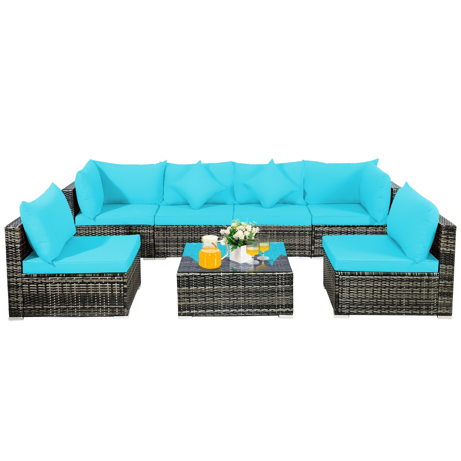 7PCS Patio Rattan Furniture Set Sectional Sofa Garden Cushion
