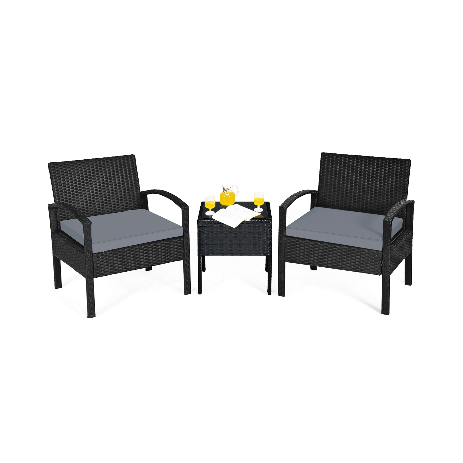 Patiojoy 3 Pieces Patio Set Outdoor Wicker Rattan Furniture w/ Cushions Gray