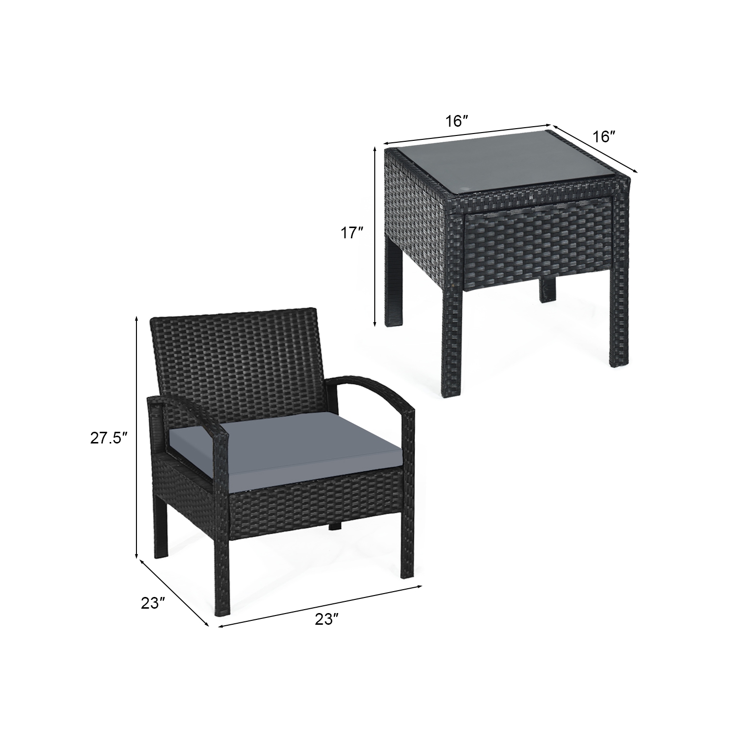 Patiojoy 3 Pieces Patio Set Outdoor Wicker Rattan Furniture w/ Cushions Gray