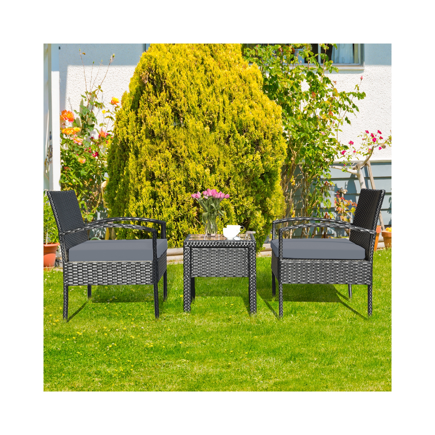 Patiojoy 3 Pieces Patio Set Outdoor Wicker Rattan Furniture w/ Cushions Gray