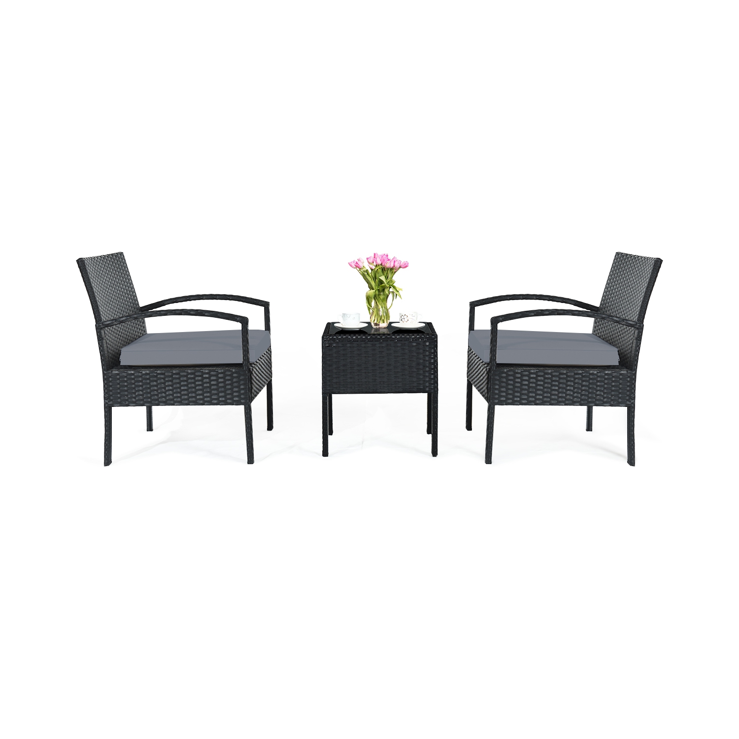 Patiojoy 3 Pieces Patio Set Outdoor Wicker Rattan Furniture w/ Cushions Gray