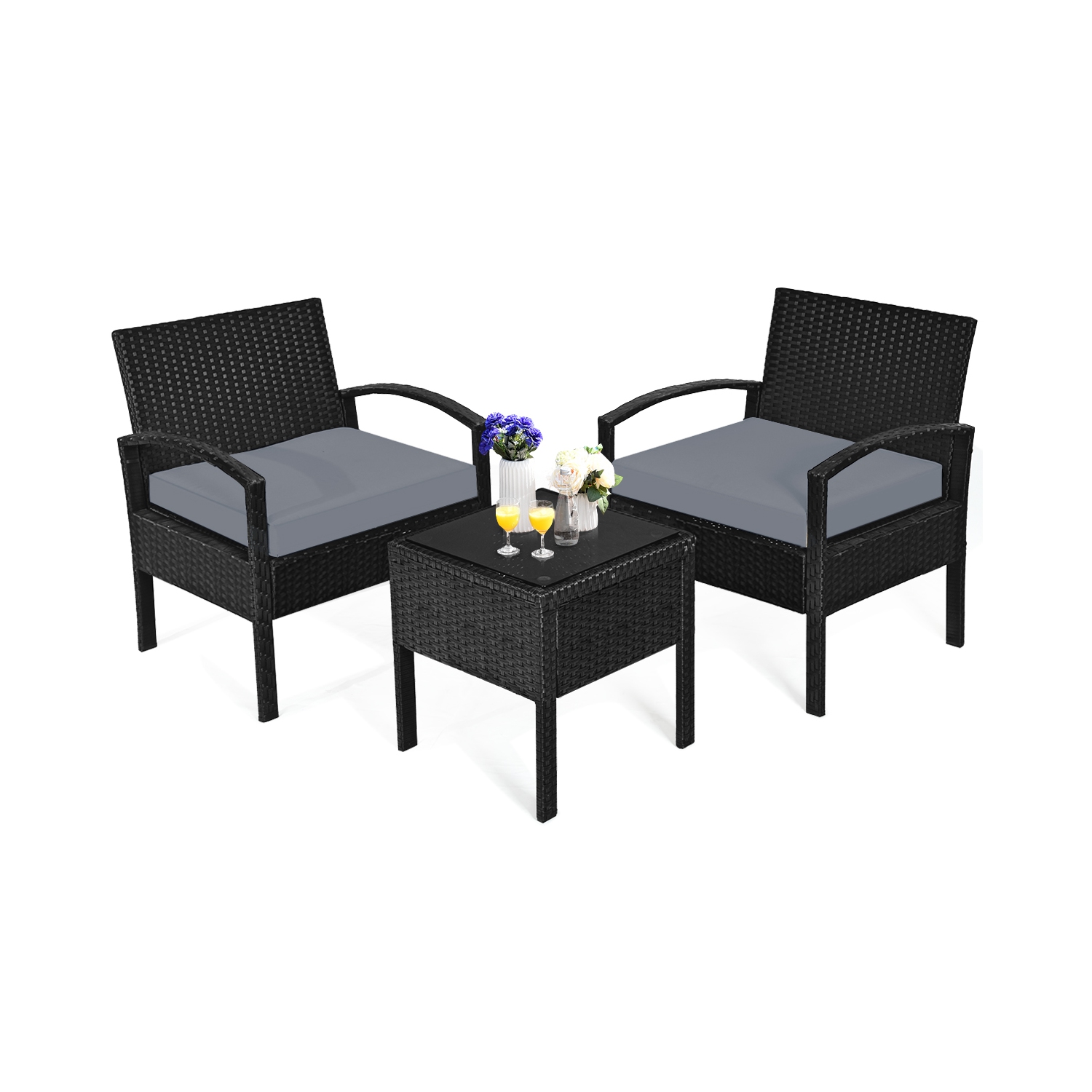 Patiojoy 3 Pieces Patio Set Outdoor Wicker Rattan Furniture w/ Cushions Gray