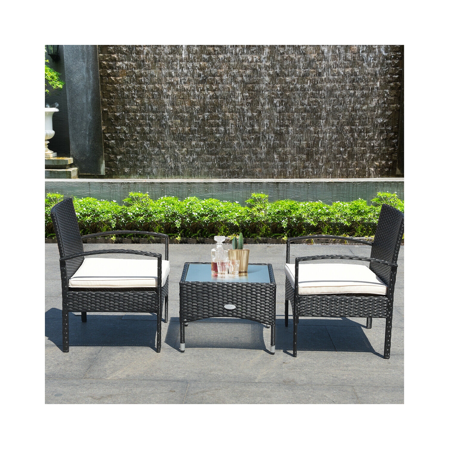 TopBuy – Chaise de table basse de patio en rotin avec coussin lavable, 3 pièces