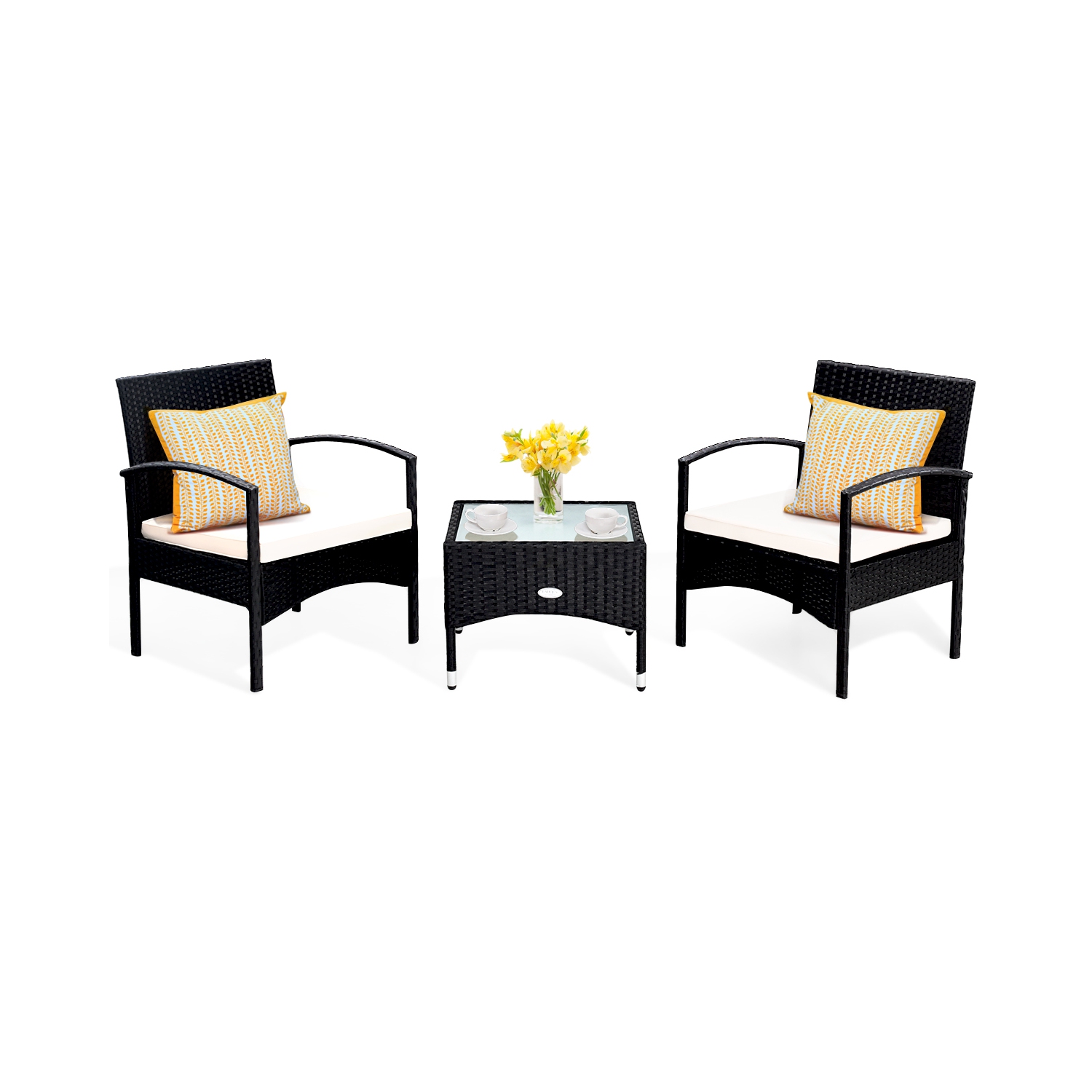 TopBuy – Chaise de table basse de patio en rotin avec coussin lavable, 3 pièces