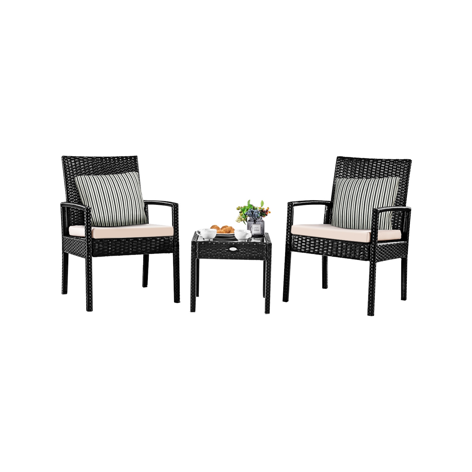 Topbuy 3 Pieces Patio Set Outdoor Wicker Rattan Furniture w/ Cushions