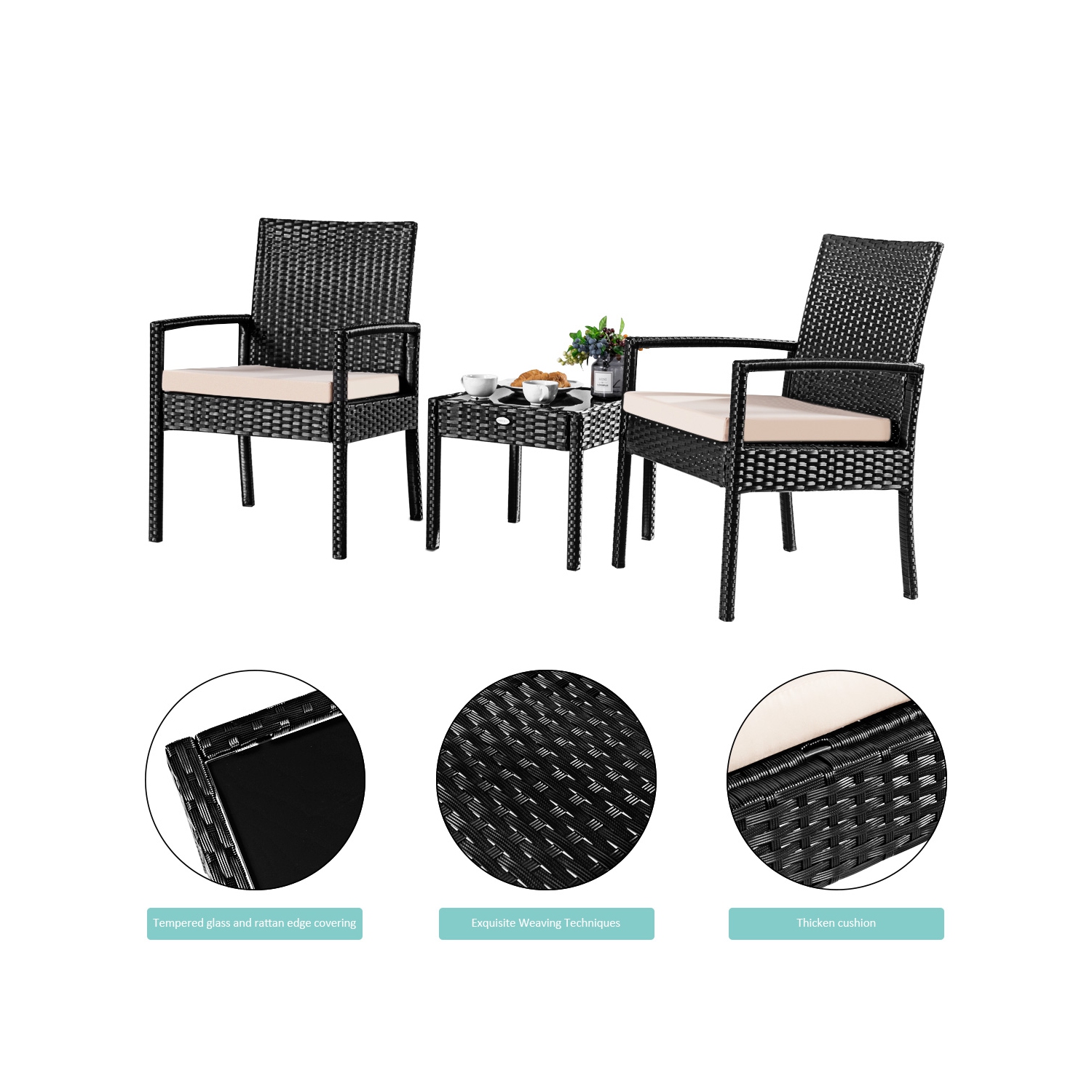Topbuy 3 Pieces Patio Set Outdoor Wicker Rattan Furniture w/ Cushions
