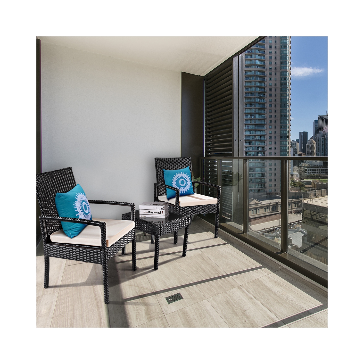 Topbuy 3 Pieces Patio Set Outdoor Wicker Rattan Furniture w/ Cushions