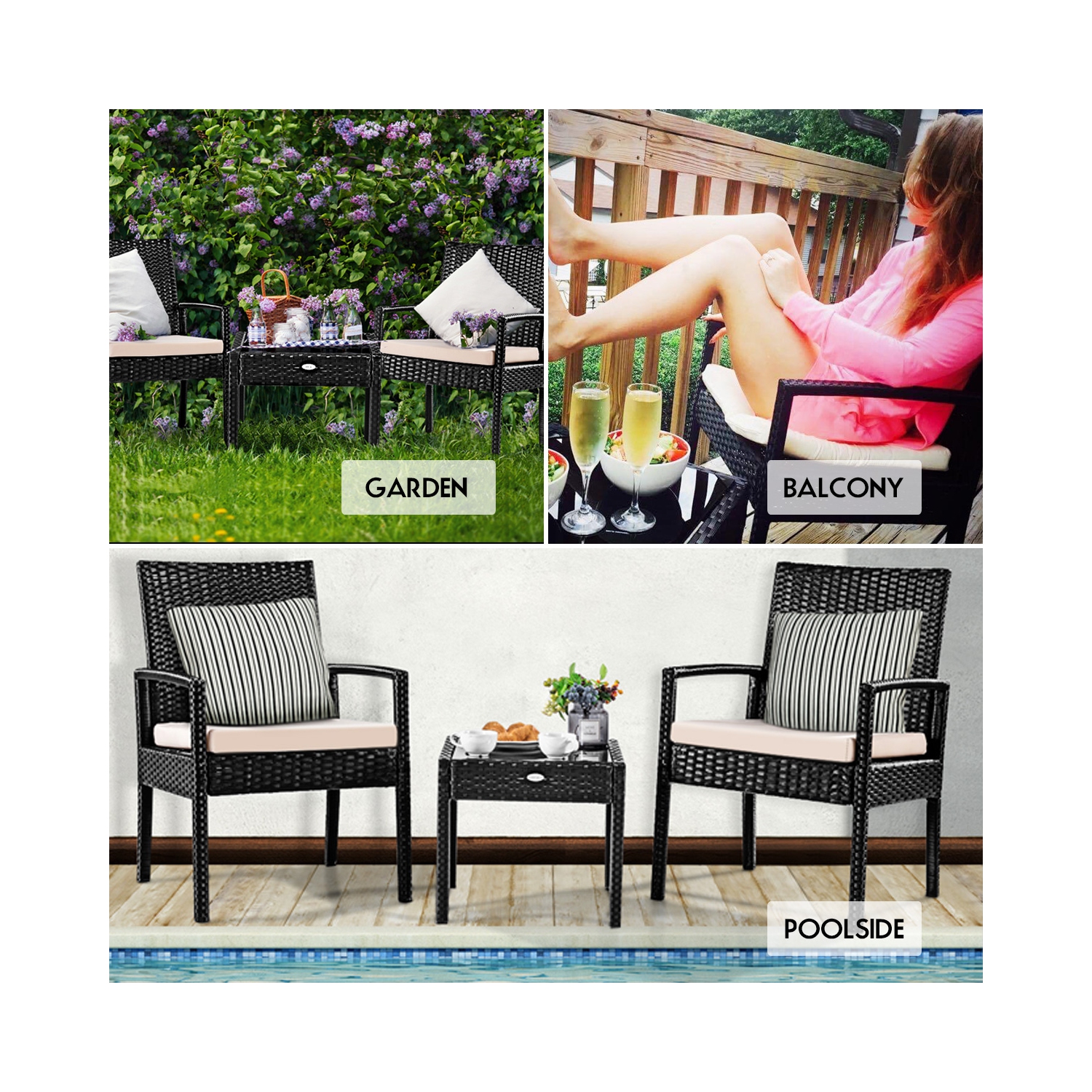 Topbuy 3 Pieces Patio Set Outdoor Wicker Rattan Furniture w/ Cushions