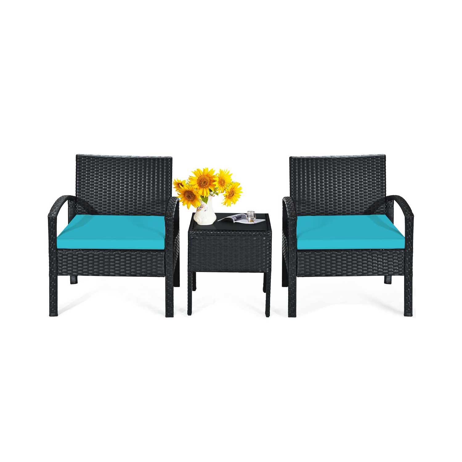 Patiojoy 3 Pieces Patio Set Outdoor Wicker Rattan Furniture w/ Cushions Turquoise