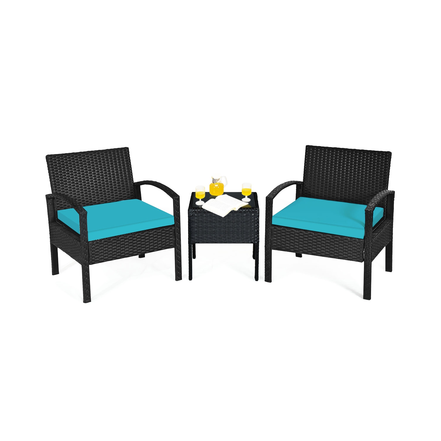 Patiojoy 3 Pieces Patio Set Outdoor Wicker Rattan Furniture w/ Cushions Turquoise