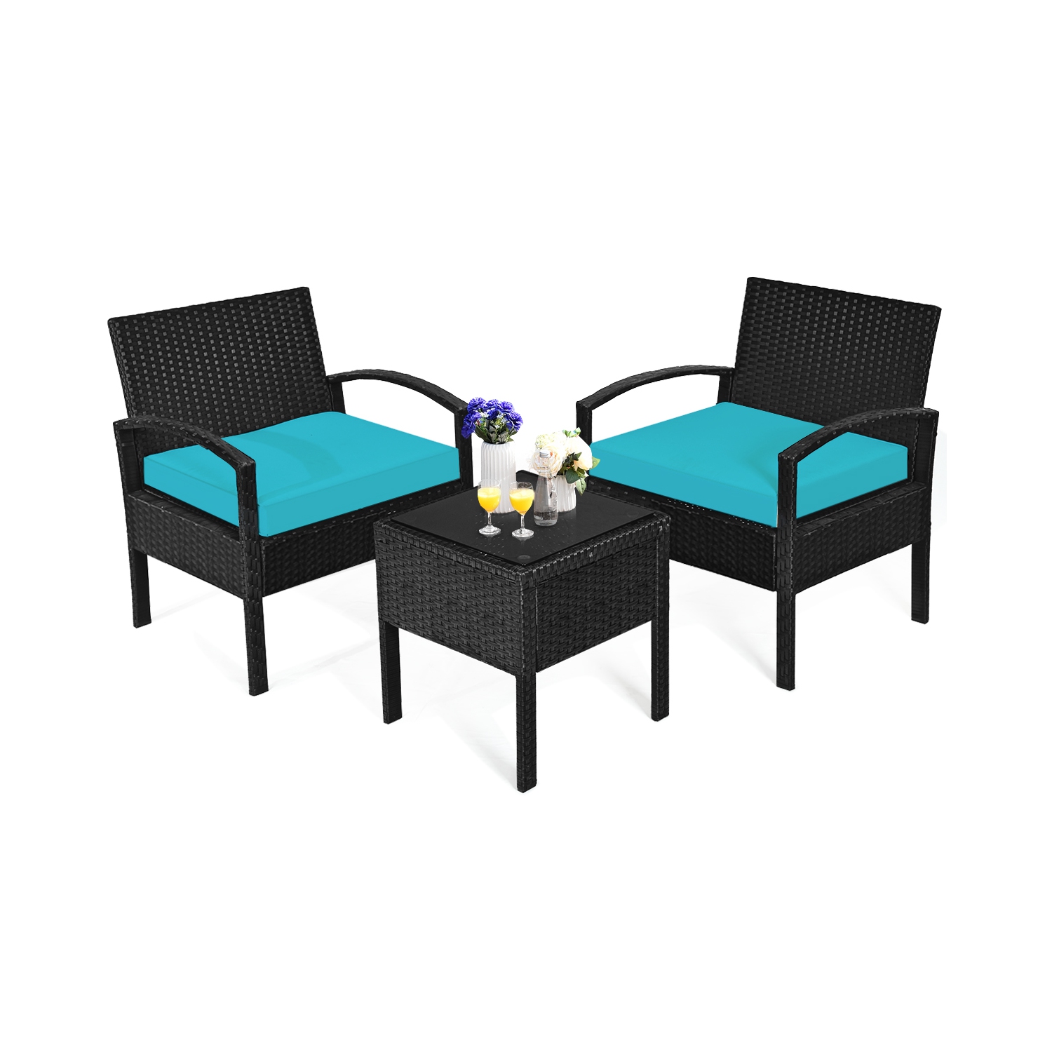Patiojoy 3 Pieces Patio Set Outdoor Wicker Rattan Furniture w/ Cushions Turquoise